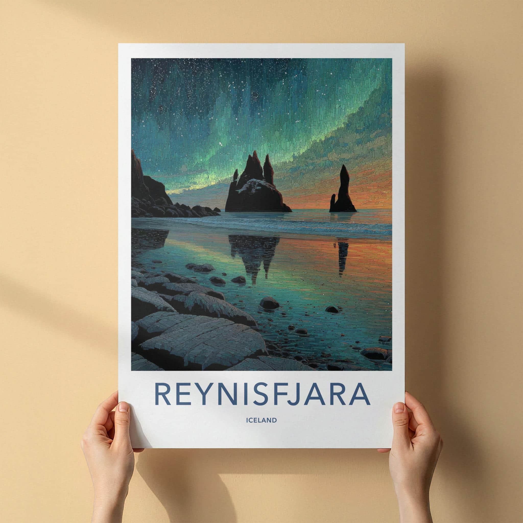 Reynisfjara Poster - Iceland Travel Art - Aurora Sea Stacks Home Decor
