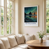 Reynisfjara Poster - Iceland Travel Art - Aurora Sea Stacks Home Decor