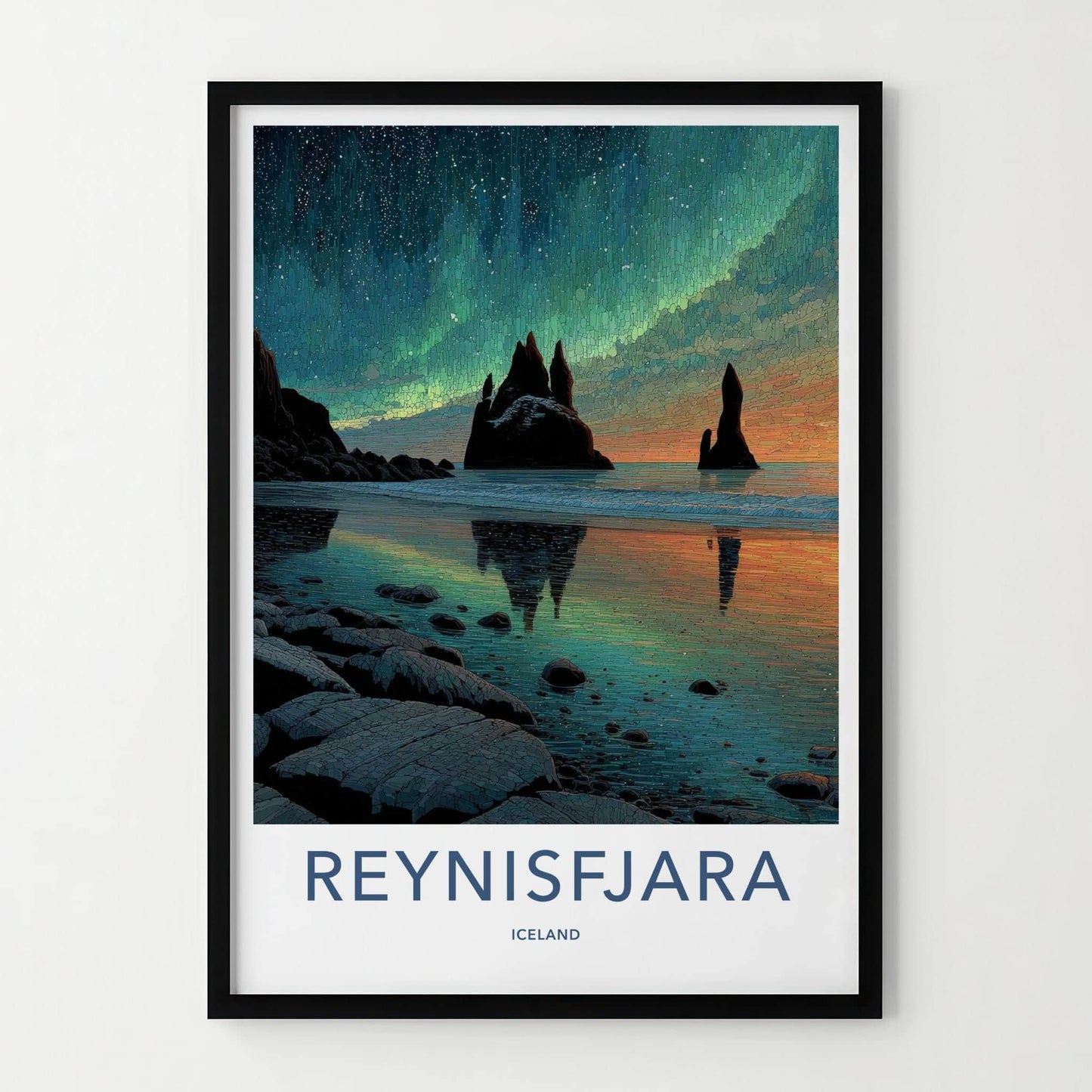 Reynisfjara Poster - Iceland Travel Art - Aurora Sea Stacks Home Decor