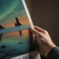 Reynisfjara Poster - Iceland Travel Art - Aurora Sea Stacks Home Decor