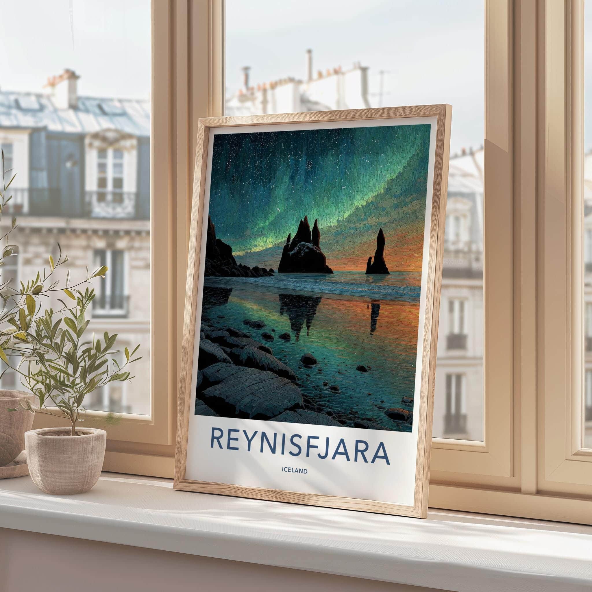 Reynisfjara Poster - Iceland Travel Art - Aurora Sea Stacks Home Decor