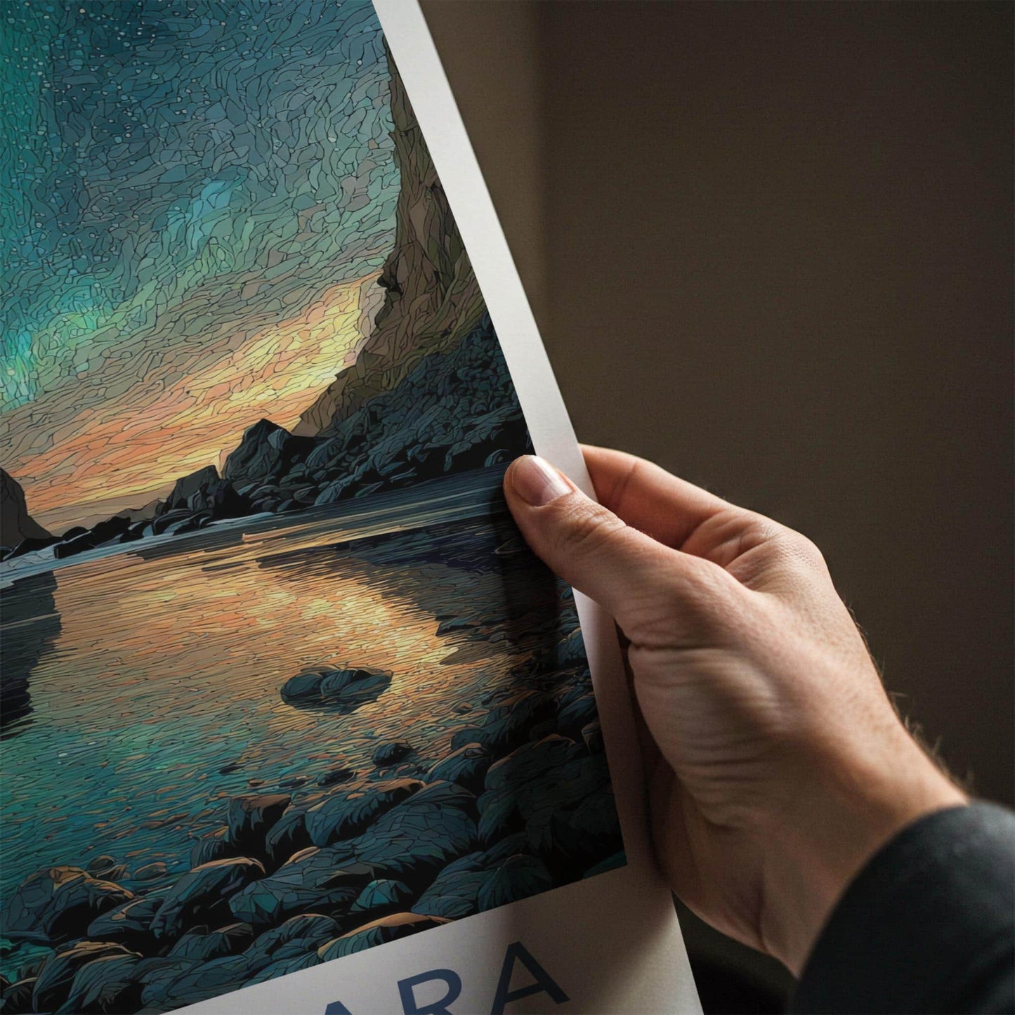 Reynisfjara Poster - Iceland Travel Art - Green Aurora Reflection Home Decor