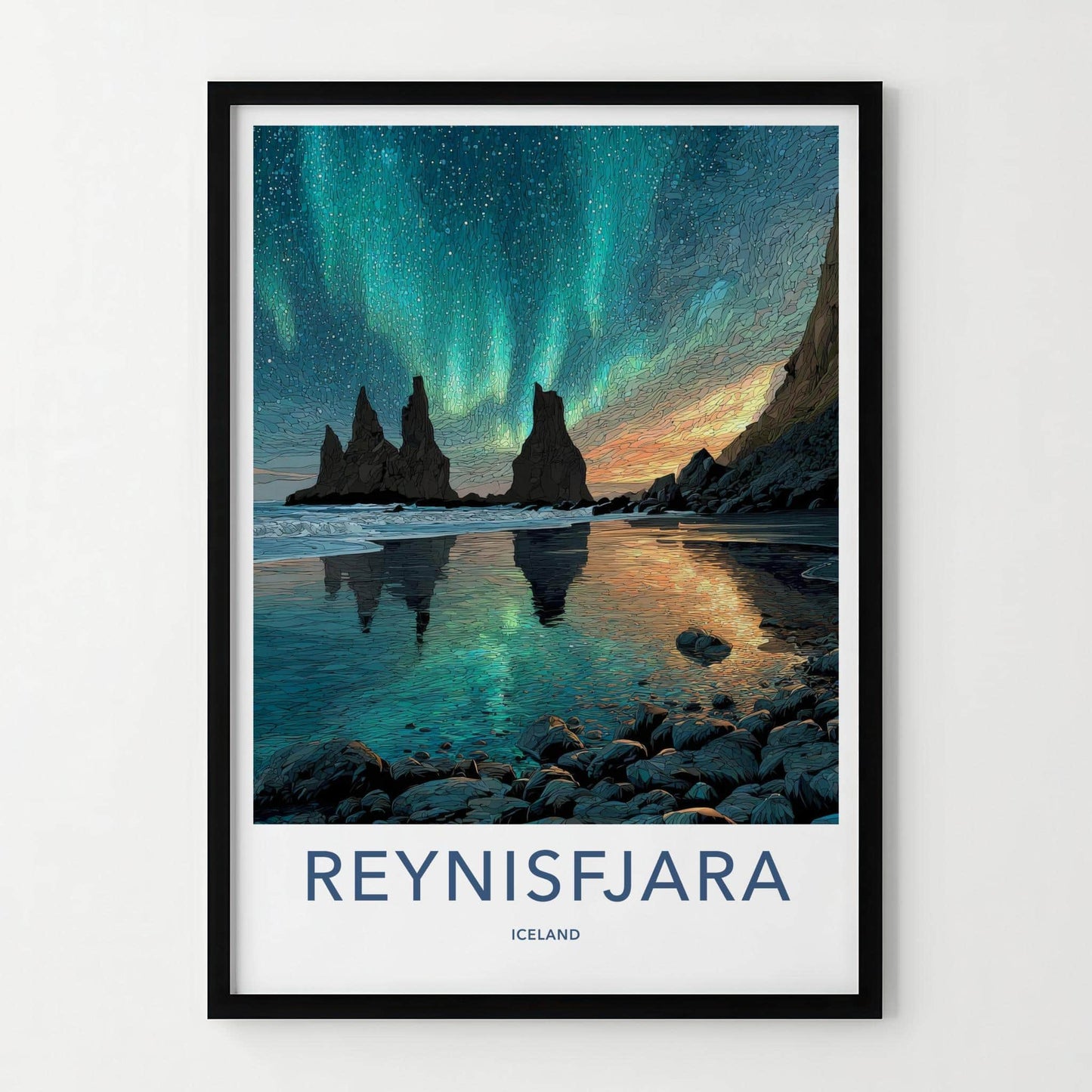 Reynisfjara Poster - Iceland Travel Art - Green Aurora Reflection Home Decor