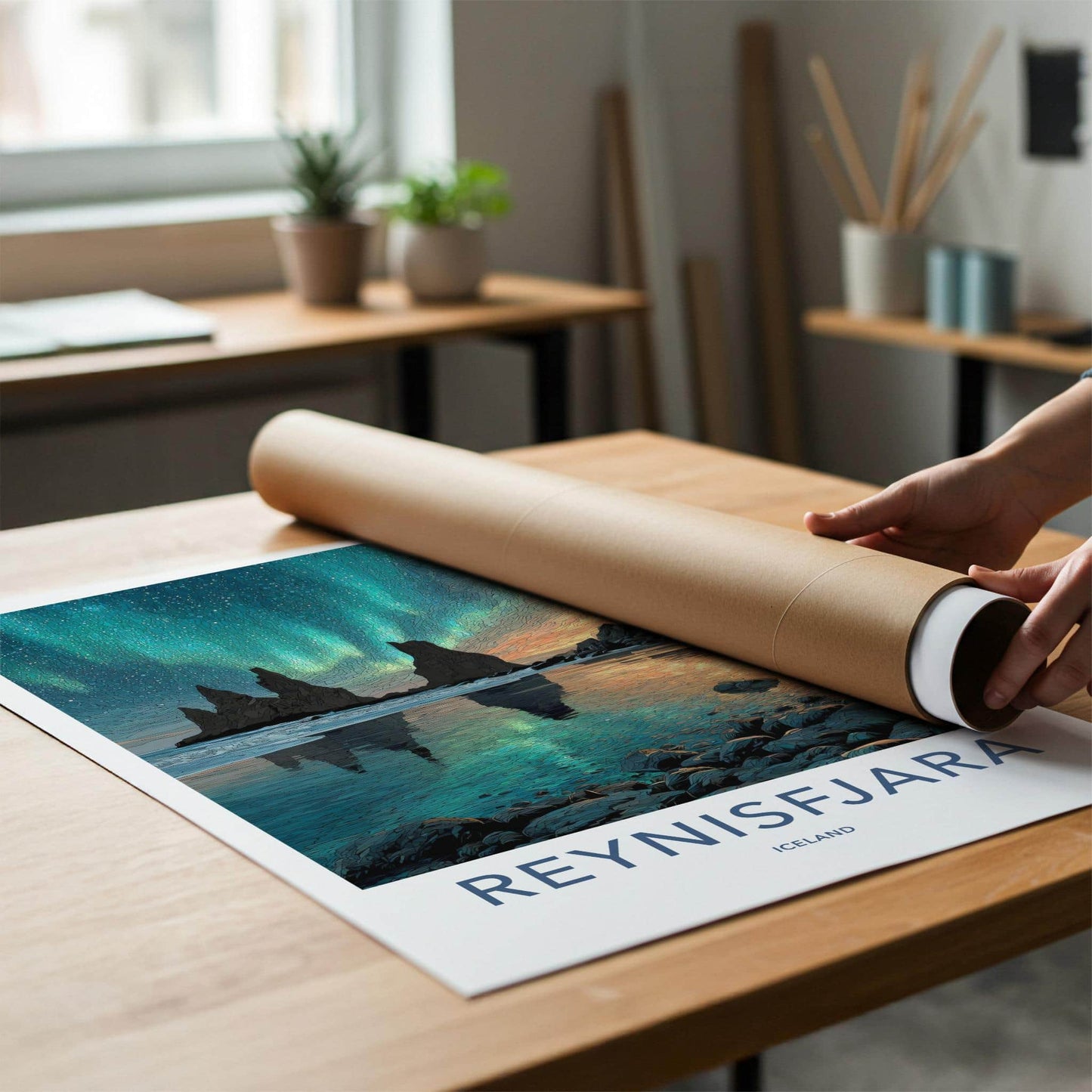 Reynisfjara Poster - Iceland Travel Art - Green Aurora Reflection Home Decor