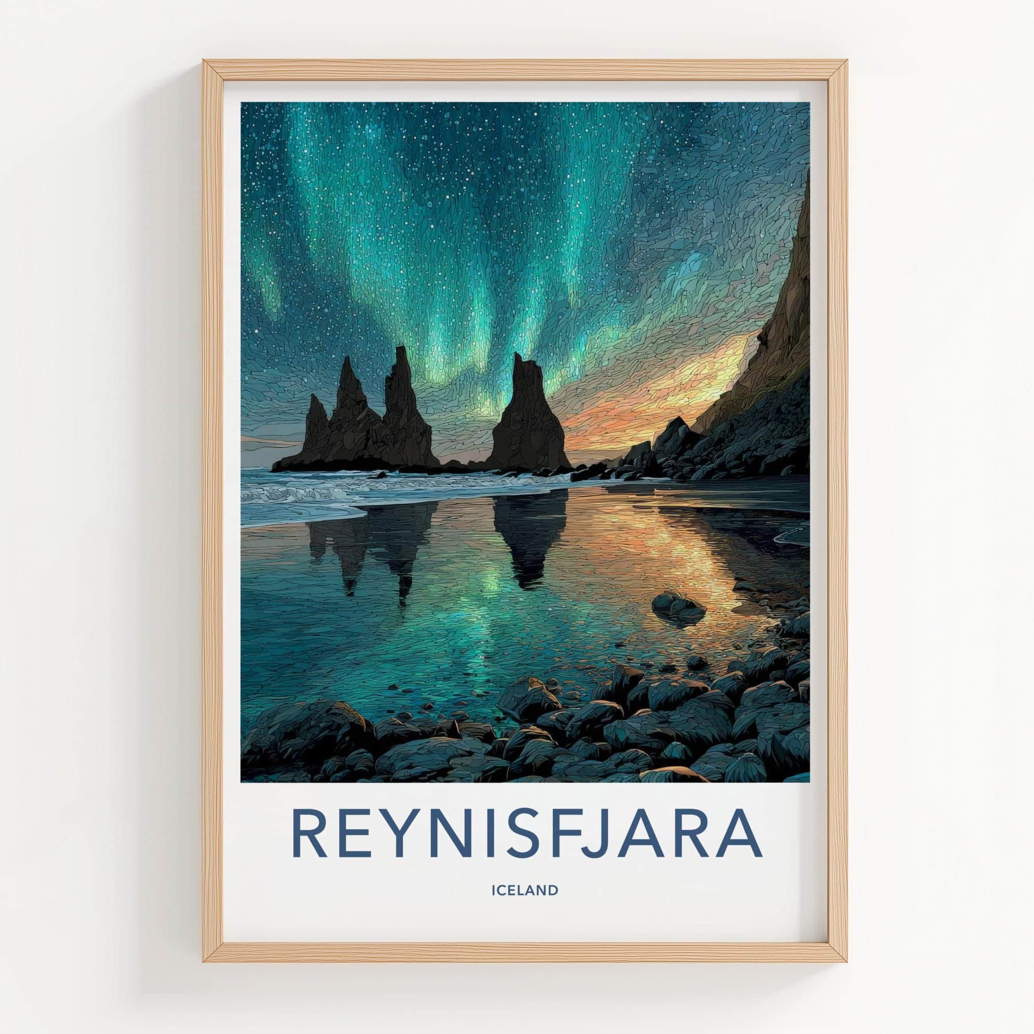Reynisfjara Poster - Iceland Travel Art - Green Aurora Reflection Home Decor