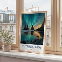 Reynisfjara Poster - Iceland Travel Art - Green Aurora Reflection Home Decor