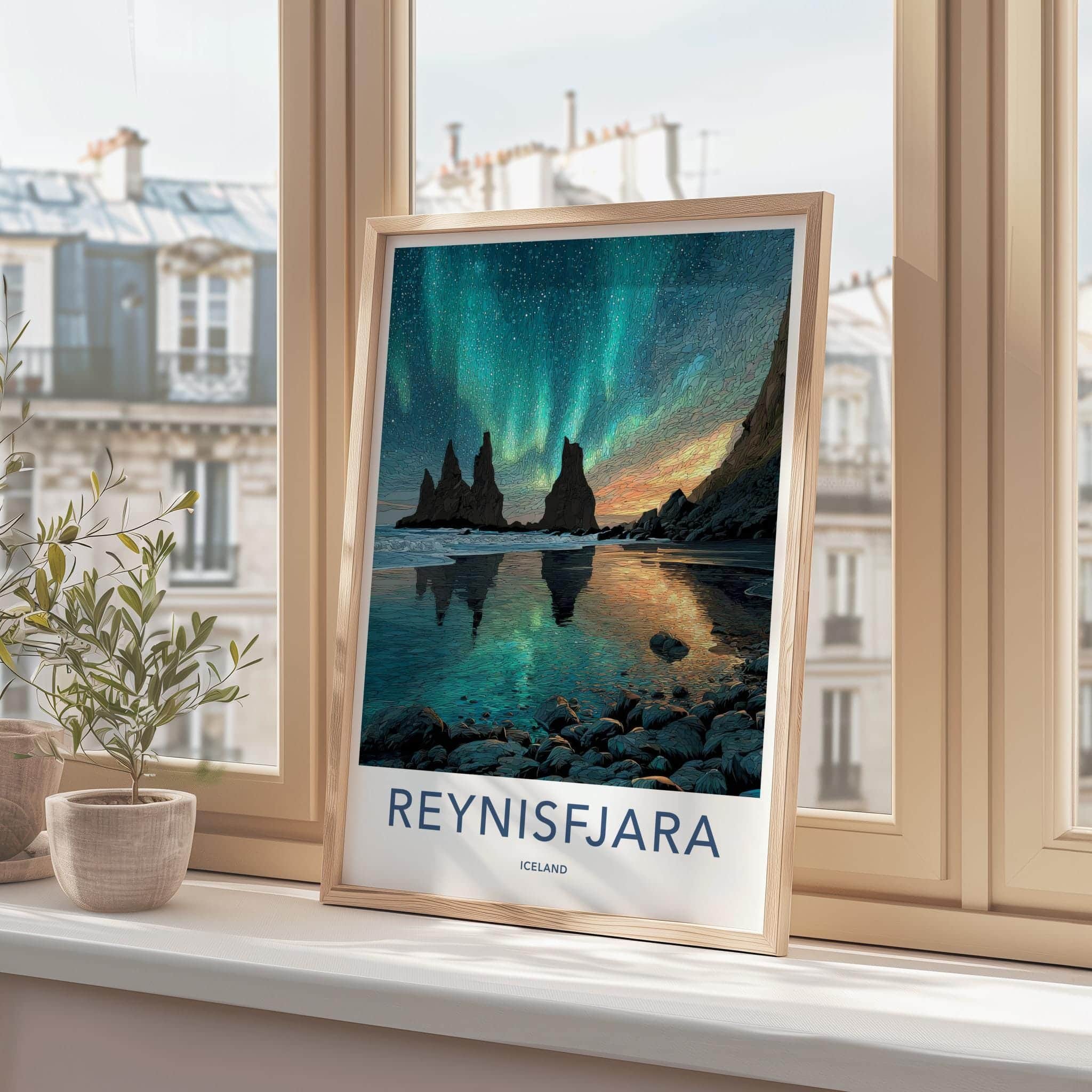 Reynisfjara Poster - Iceland Travel Art - Green Aurora Reflection Home Decor