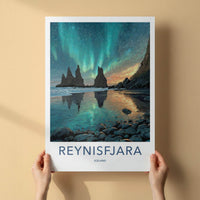 Reynisfjara Poster - Iceland Travel Art - Green Aurora Reflection Home Decor
