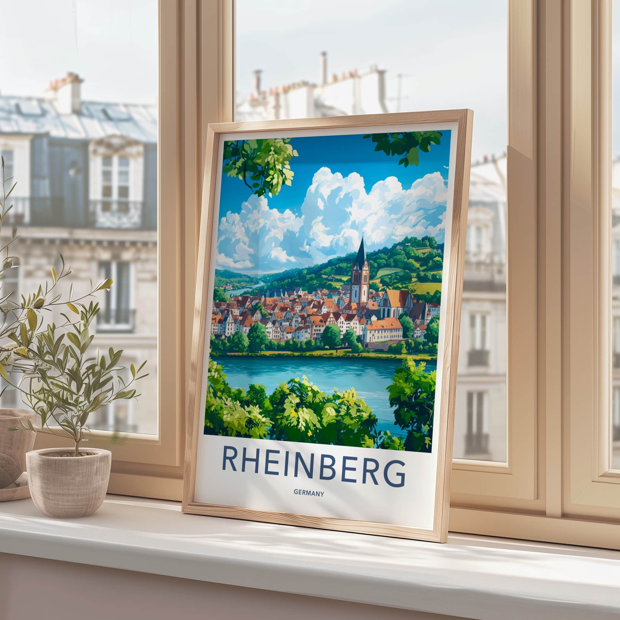 Rheinberg Poster - Germany Travel Art - River Town Church Home Decor
