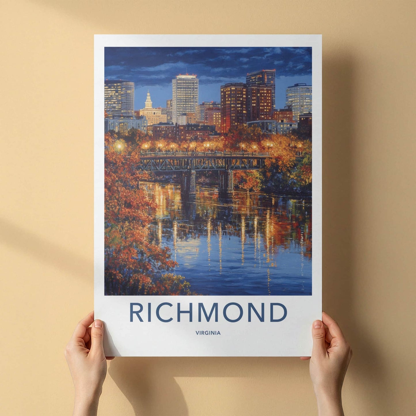 Richmond Poster - Virginia Wall Art - Illuminated Bridge Reflections Home Decor