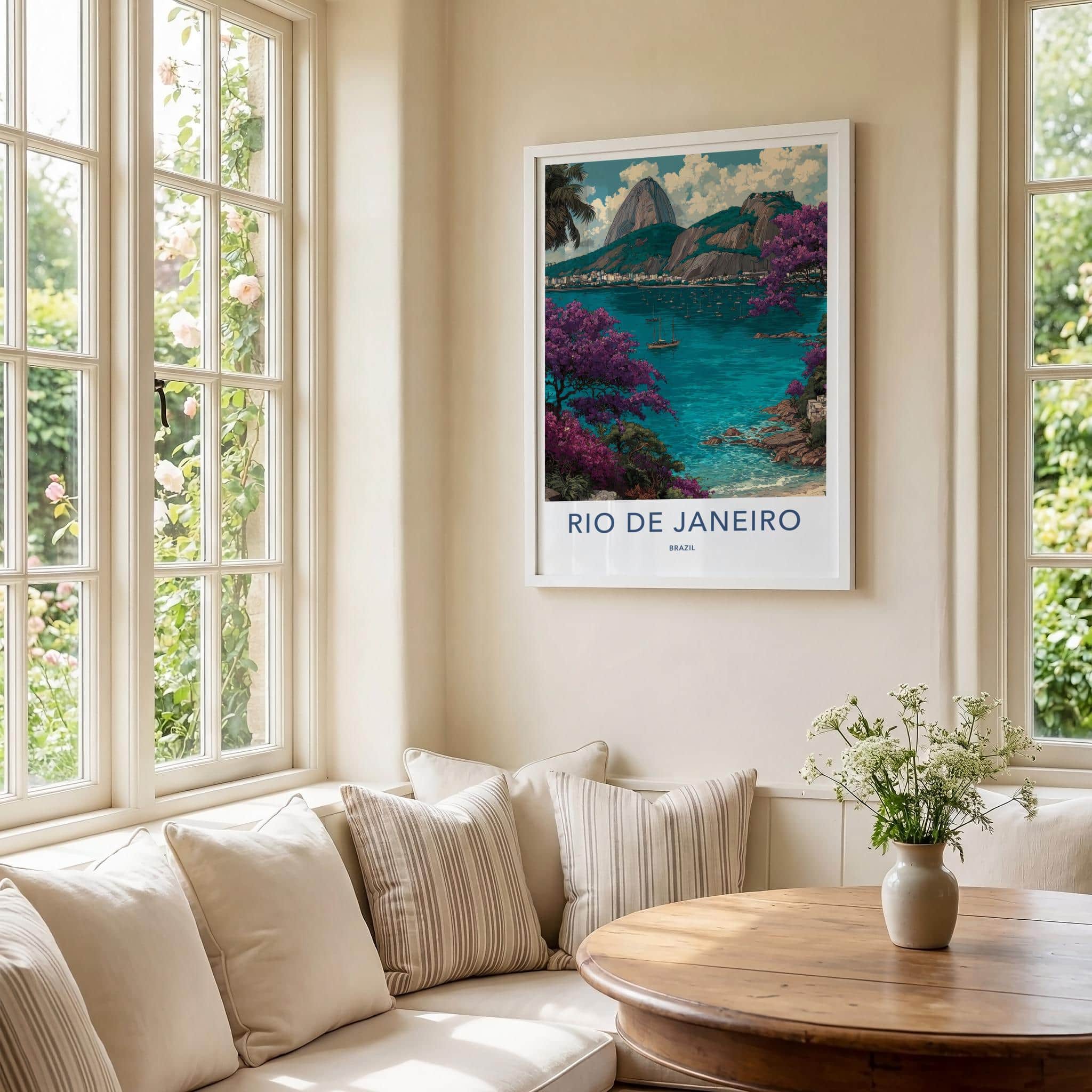 Rio de Janeiro Poster - Brazil Wall Art - Boats Mountain Flora Home Decor