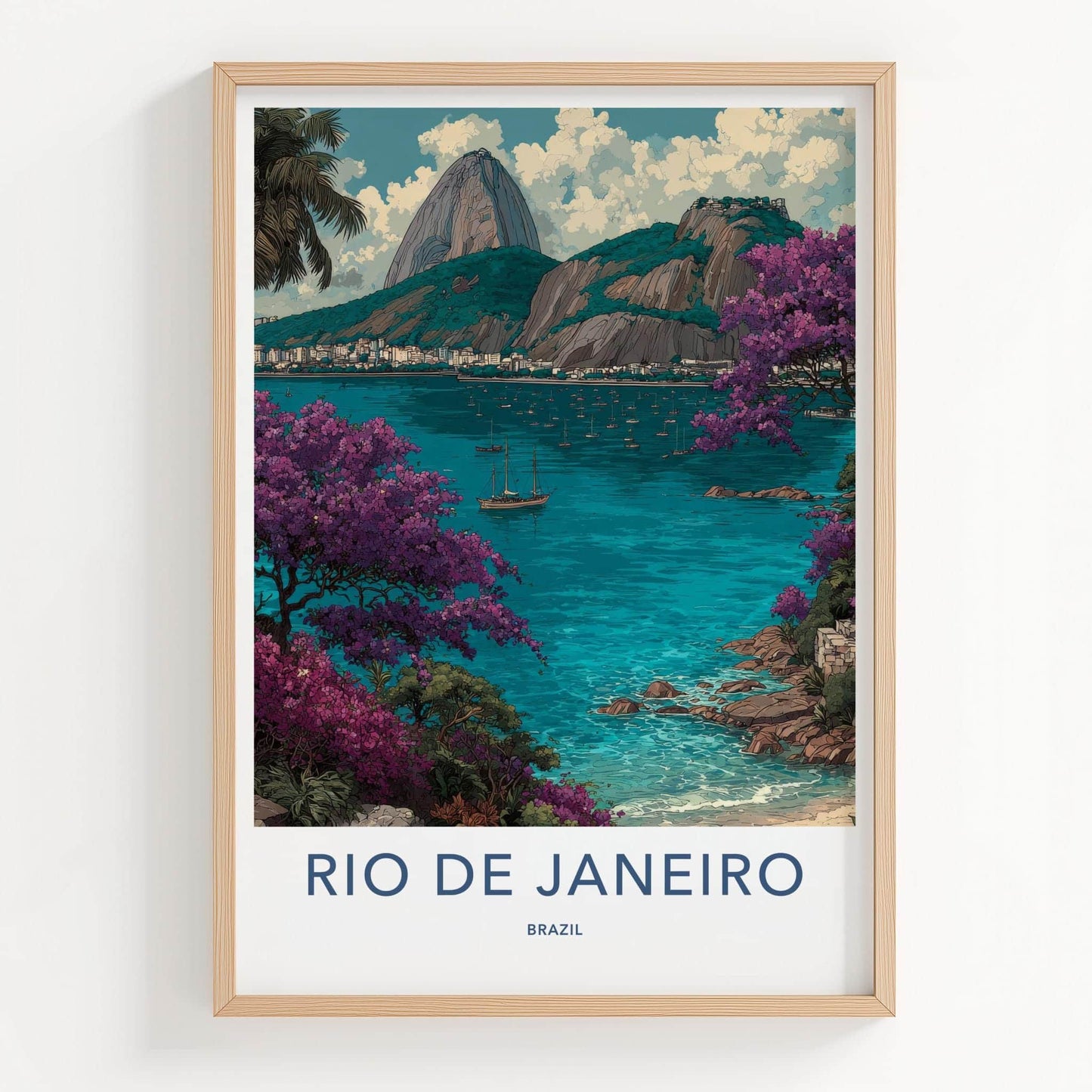 Rio de Janeiro Poster - Brazil Wall Art - Boats Mountain Flora Home Decor