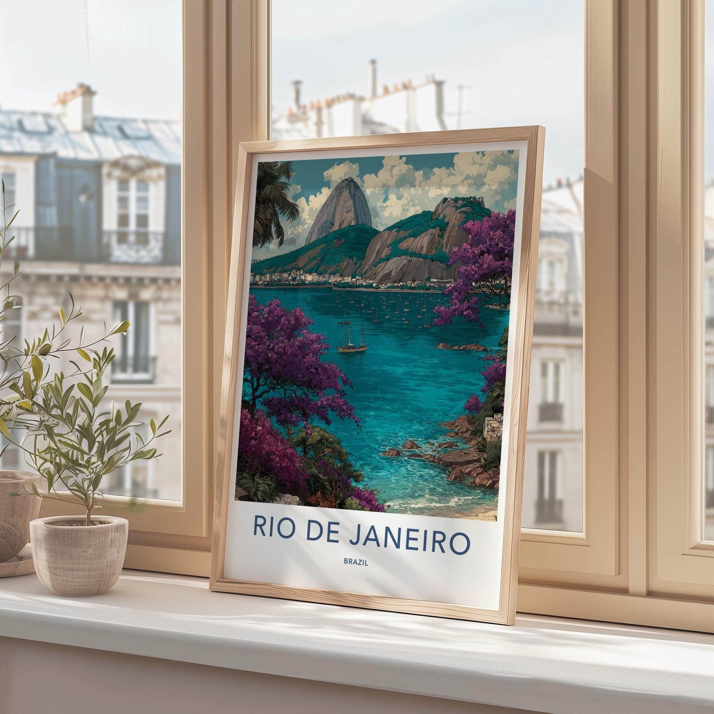 Rio de Janeiro Poster - Brazil Wall Art - Boats Mountain Flora Home Decor