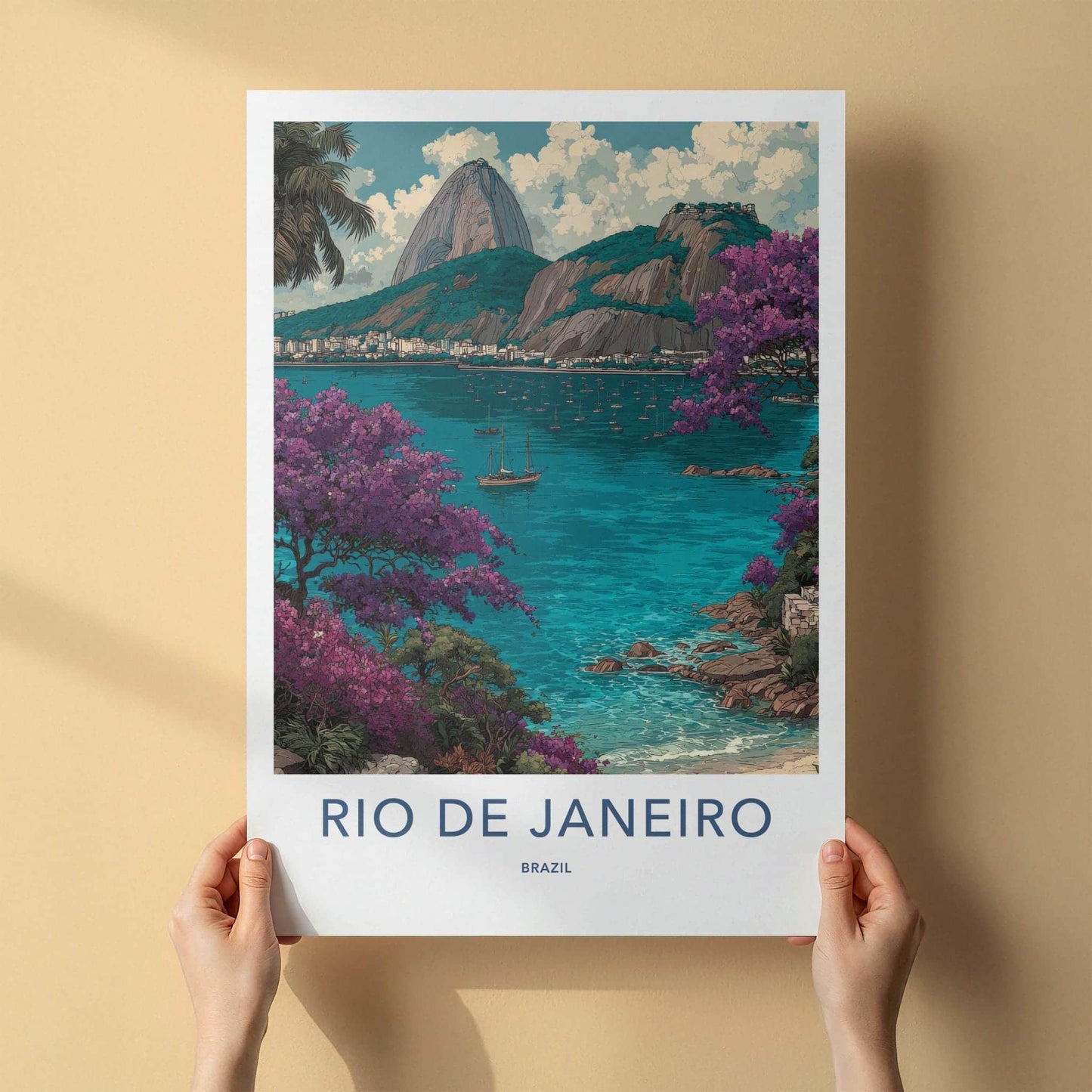Rio de Janeiro Poster - Brazil Wall Art - Boats Mountain Flora Home Decor