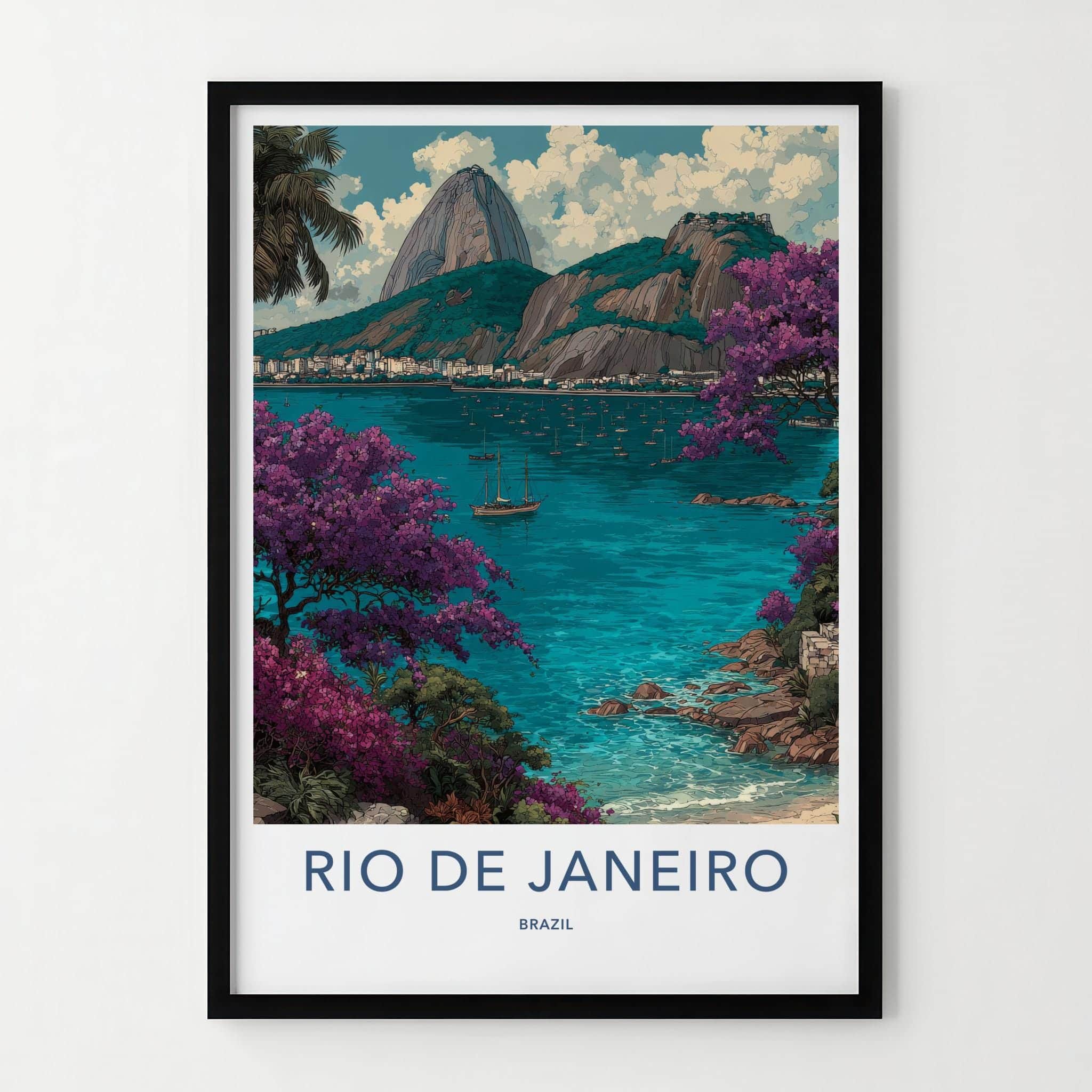 Rio de Janeiro Poster - Brazil Wall Art - Boats Mountain Flora Home Decor