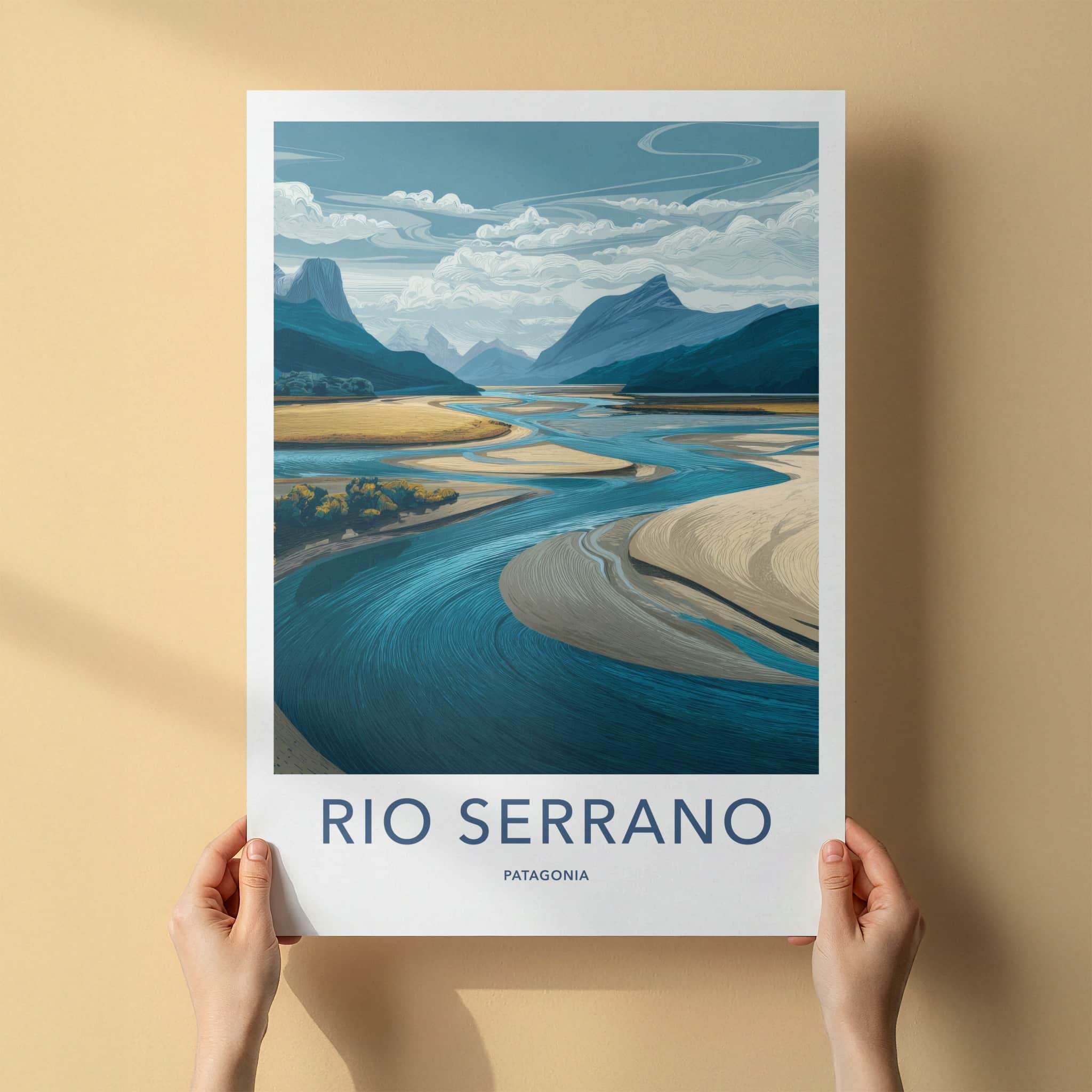 Rio Serrano Poster - Chile Travel Art - Winding River Blue Walls Home Decor