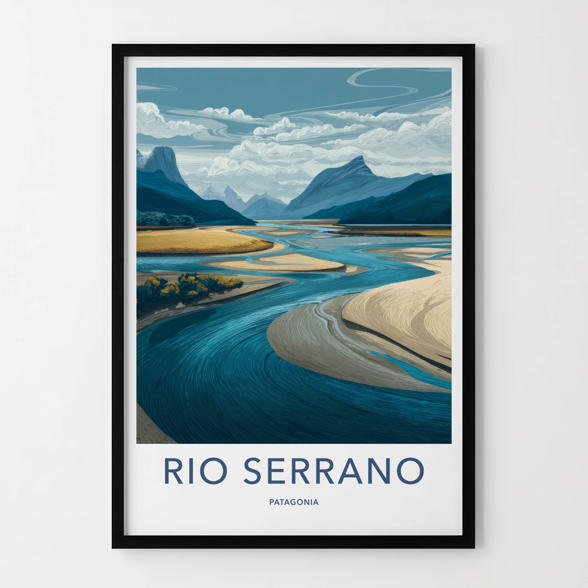 Rio Serrano Poster - Chile Travel Art - Winding River Blue Walls Home Decor