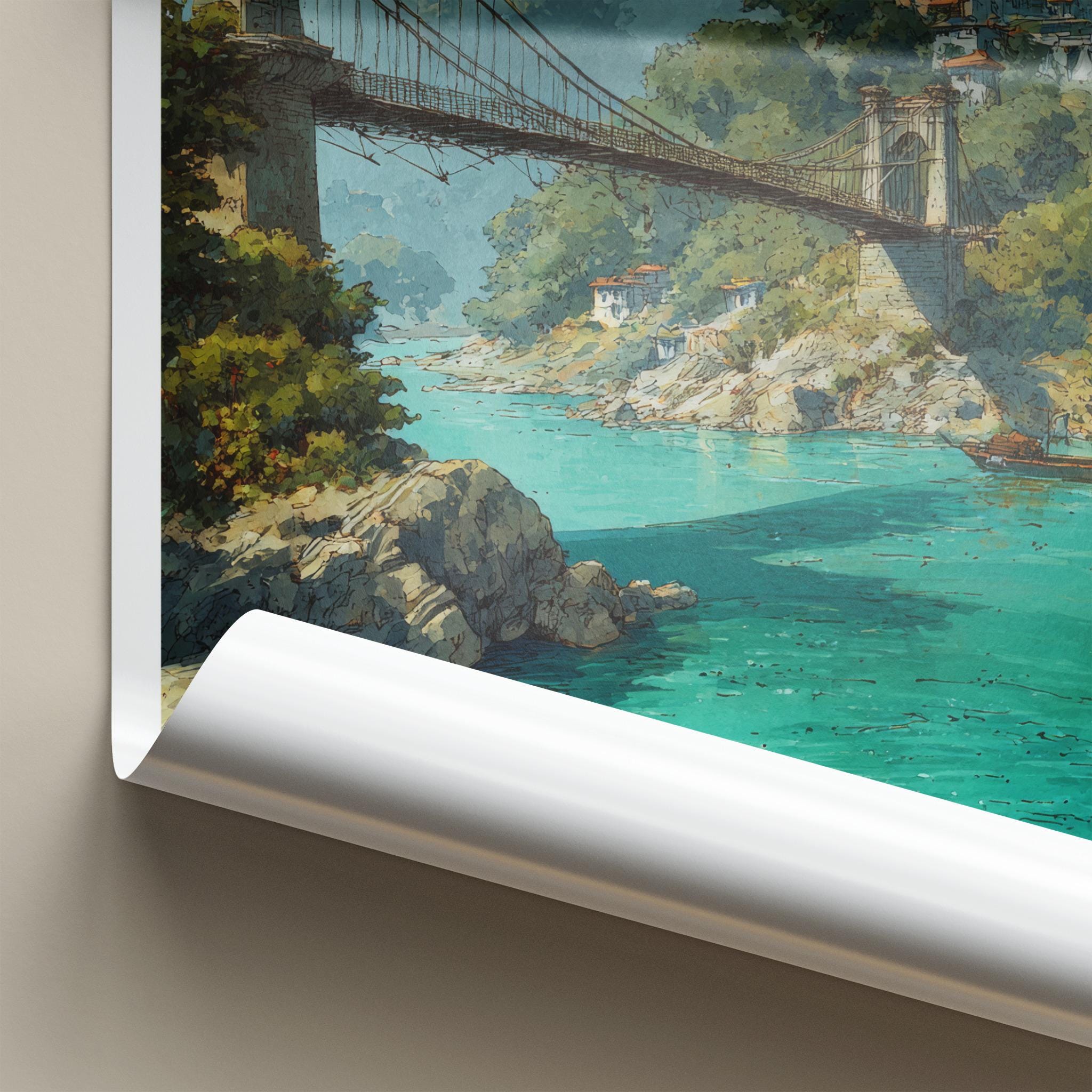 Rishikesh Poster - India Art Print - Uttarakhand Bridge Temples Ganges Home Decor