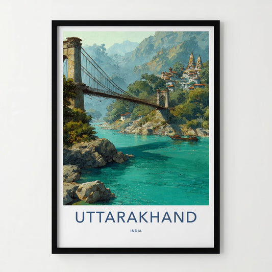 Rishikesh Poster - India Art Print - Uttarakhand Bridge Temples Ganges Home Decor