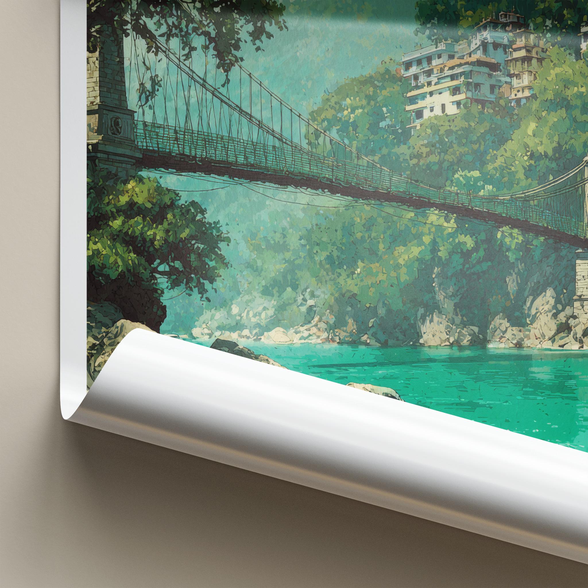 Rishikesh Poster - India Travel Art - Uttarakhand River Bridge Wall Decor
