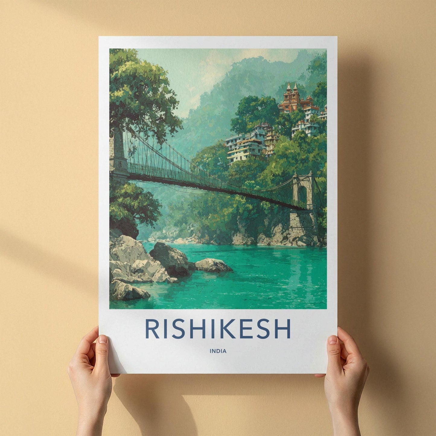 Rishikesh Poster - India Travel Art - Uttarakhand River Bridge Wall Decor