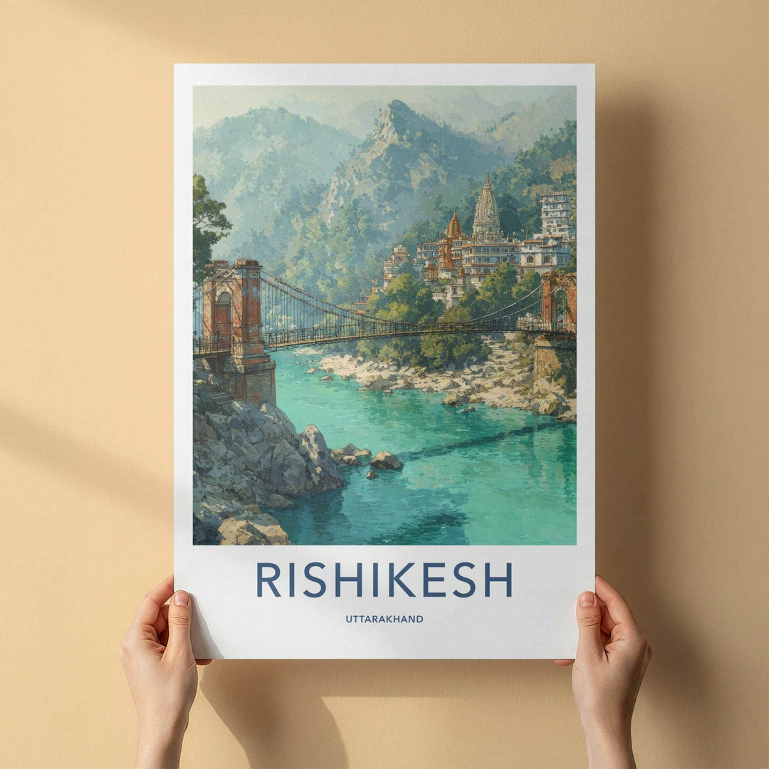 Rishikesh Poster - India Travel Art - Uttarakhand Temple Bridge Home Decor
