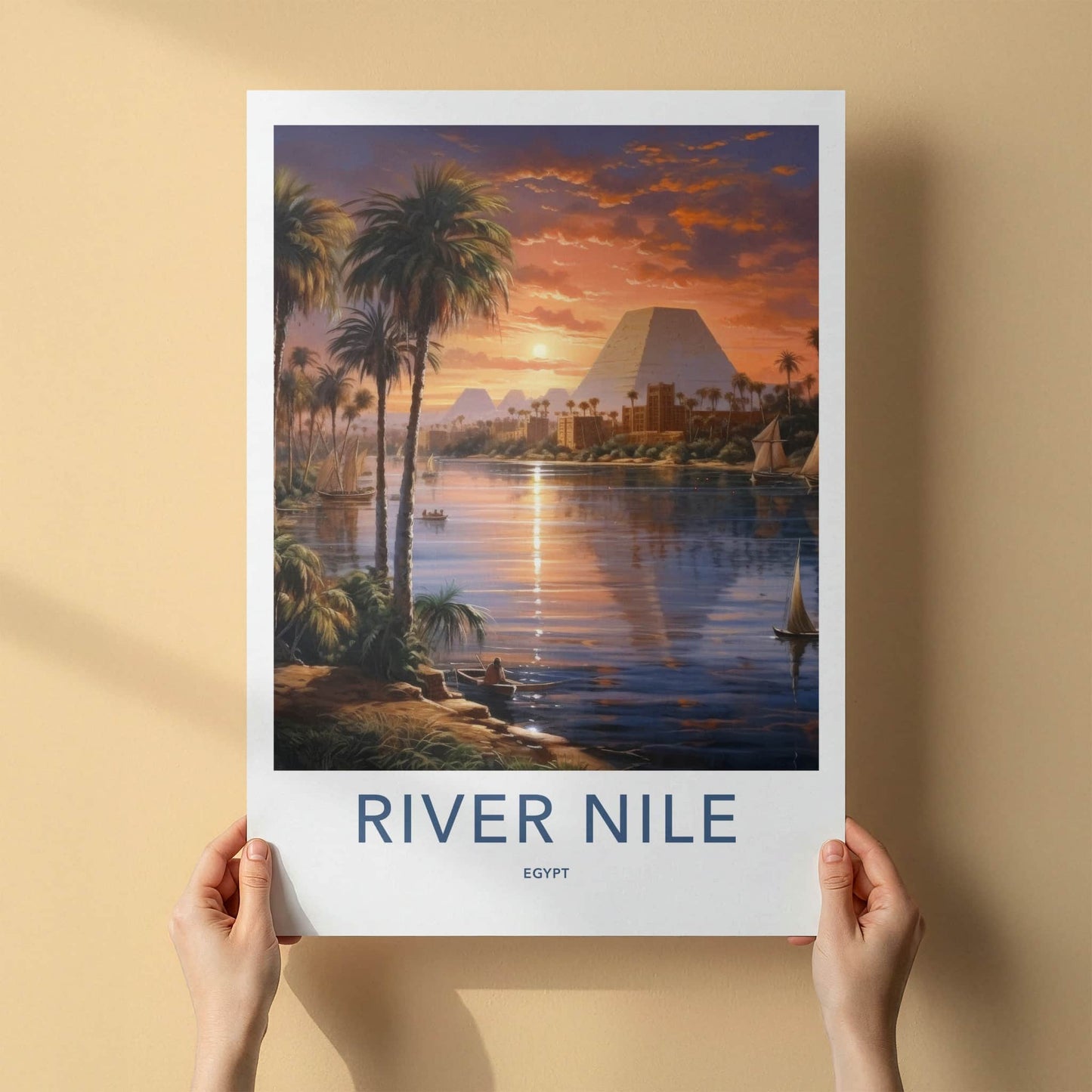 River Nile Poster - Egypt Travel Art - Sunset Pyramids Palms Home Decor