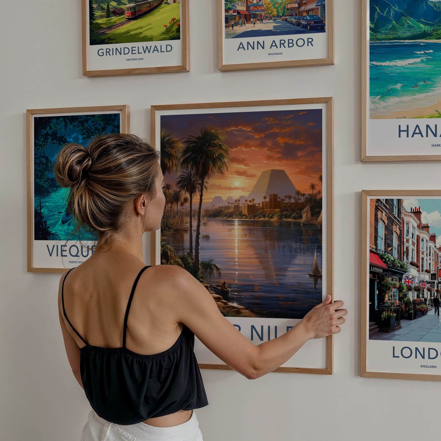 River Nile Poster - Egypt Travel Art - Sunset Pyramids Palms Home Decor