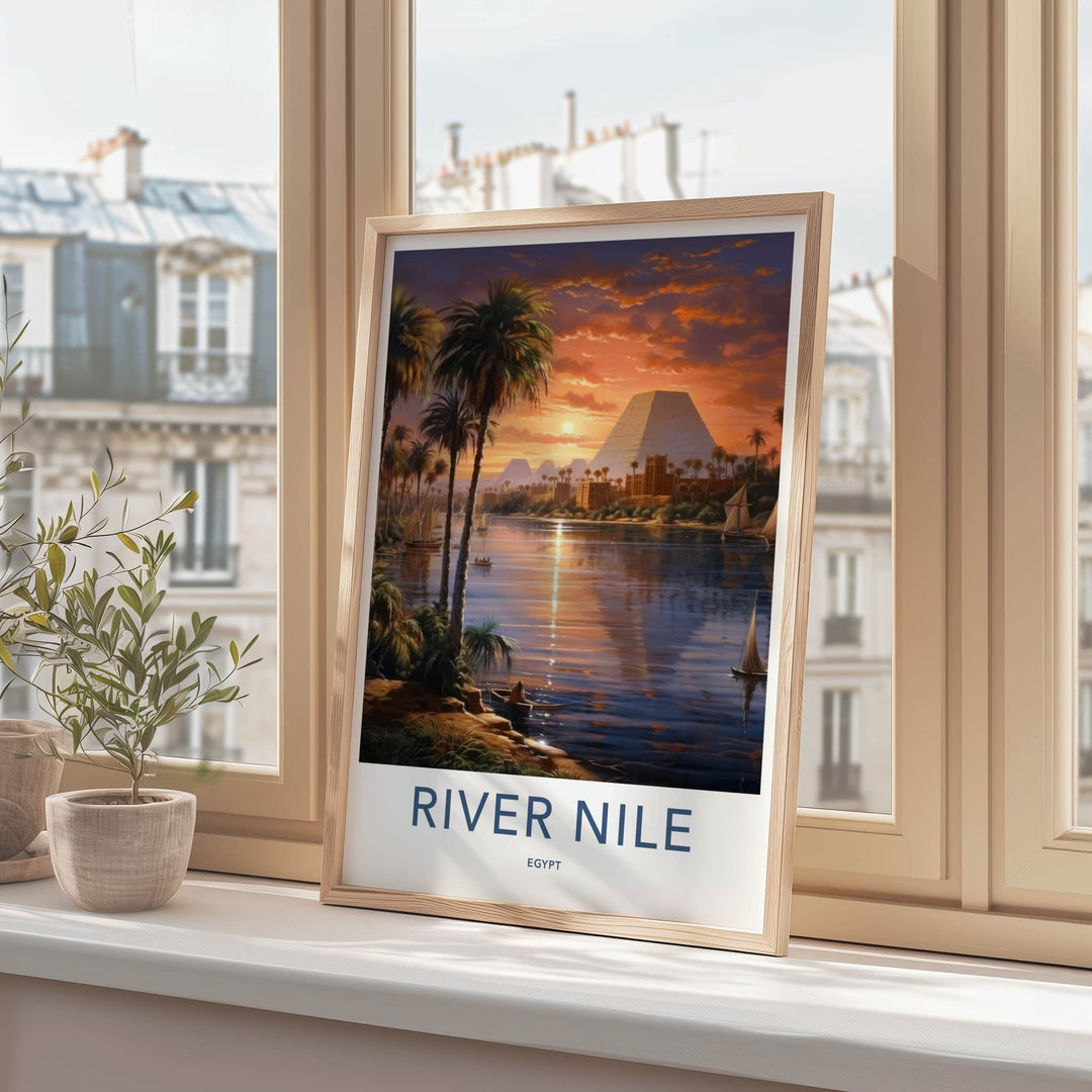 River Nile Poster - Egypt Travel Art - Sunset Pyramids Palms Home Decor
