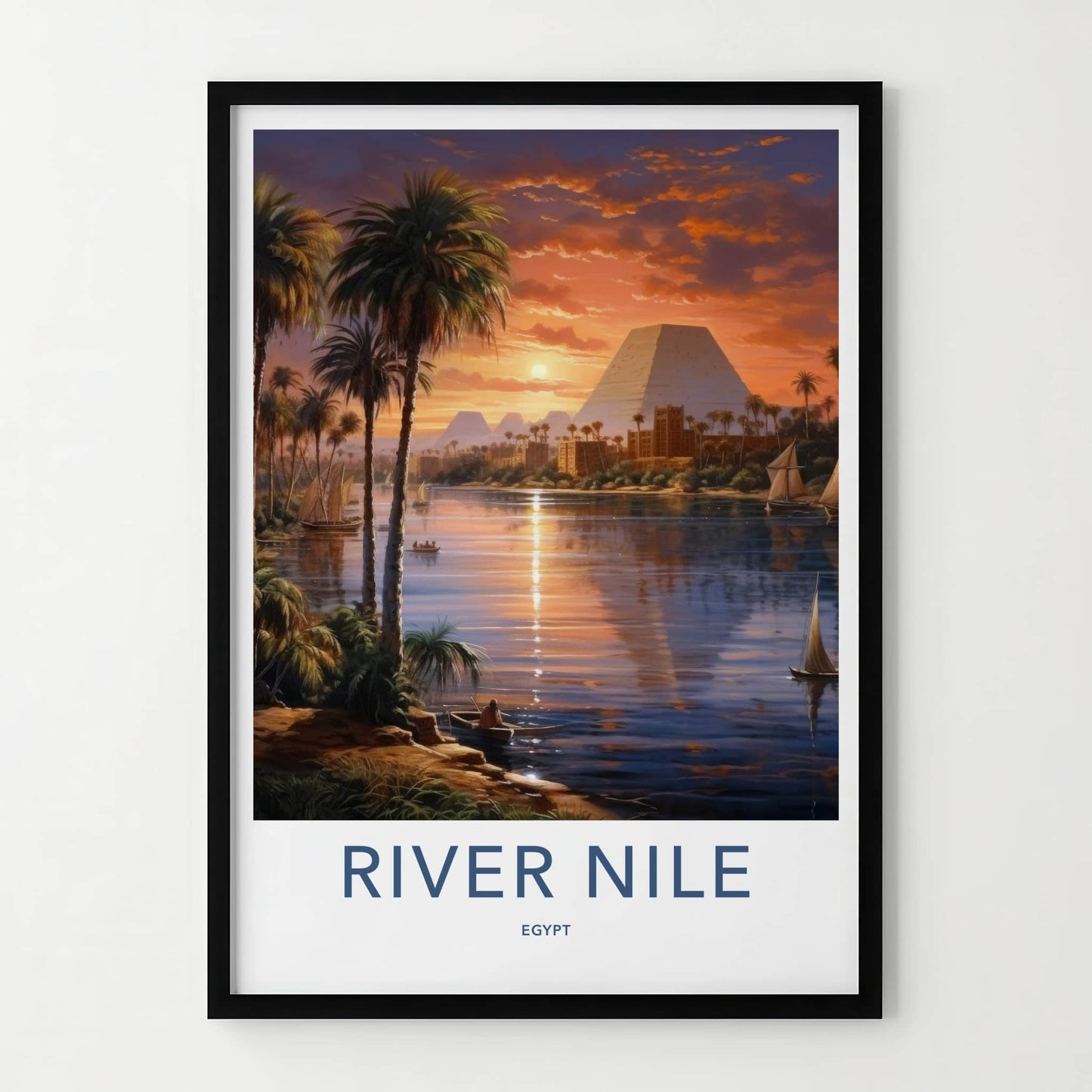 River Nile Poster - Egypt Travel Art - Sunset Pyramids Palms Home Decor