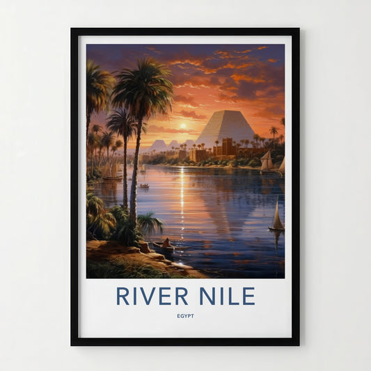 River Nile Poster - Egypt Travel Art - Sunset Pyramids Palms Home Decor