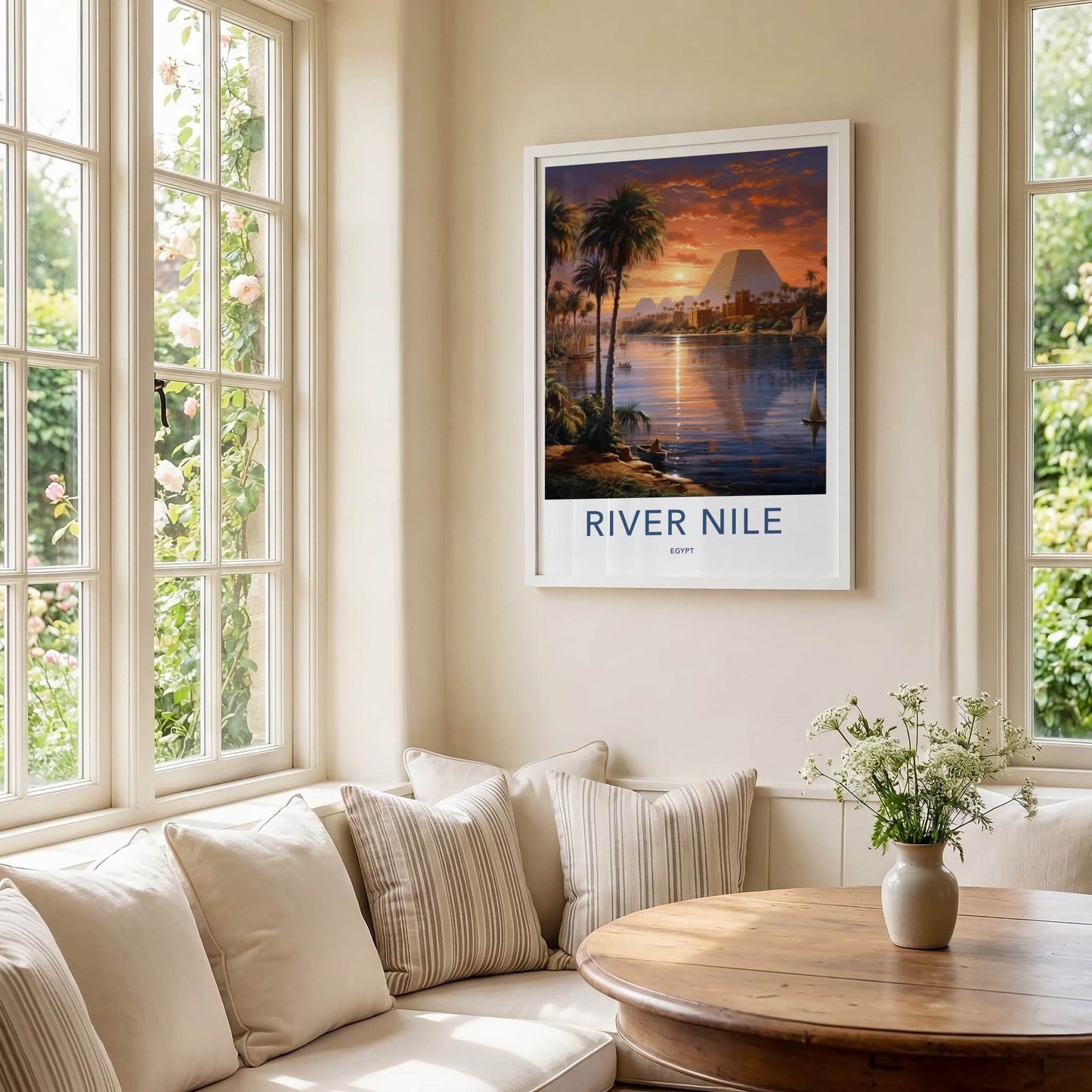 River Nile Poster - Egypt Travel Art - Sunset Pyramids Palms Home Decor