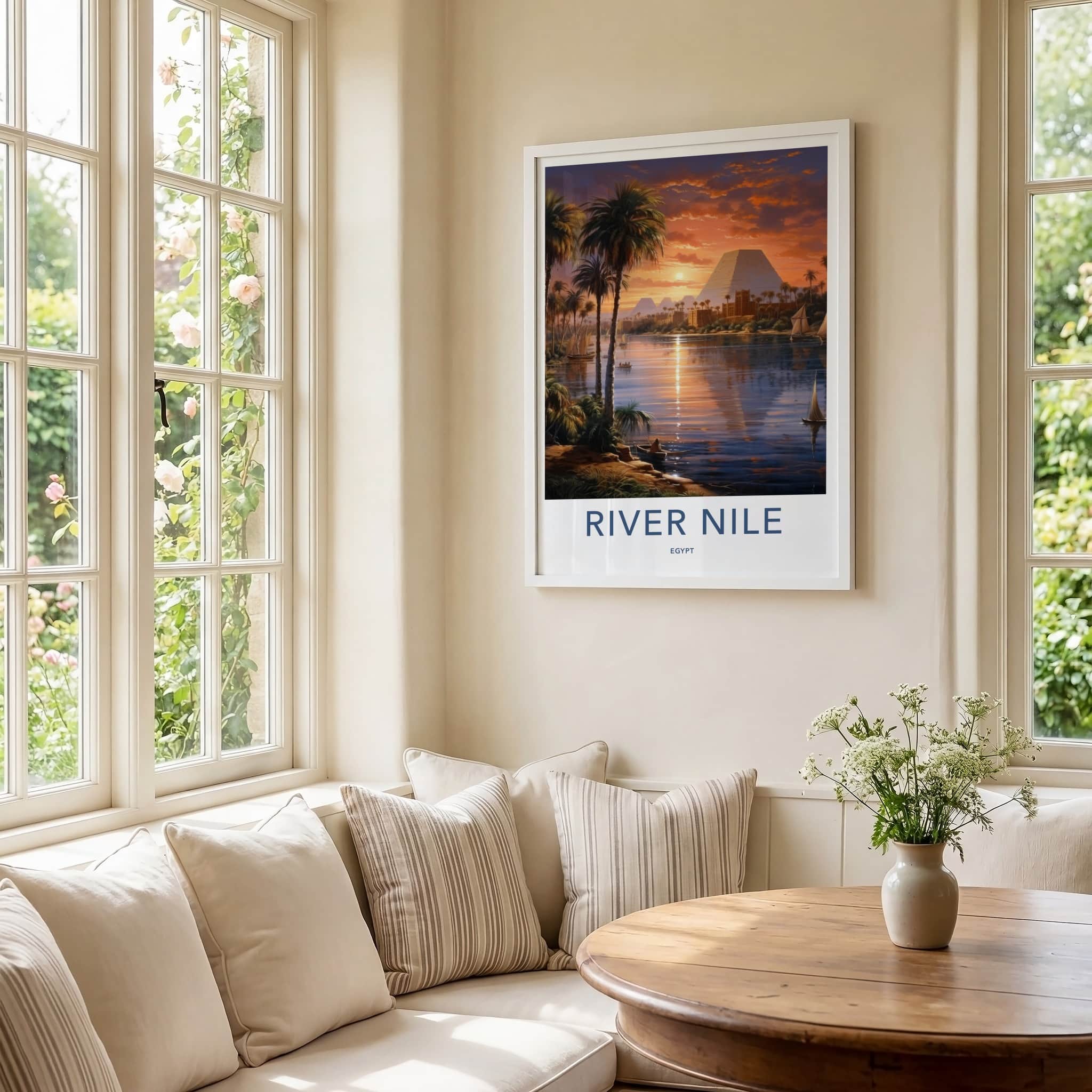 River Nile Poster - Egypt Travel Art - Sunset Pyramids Palms Home Decor