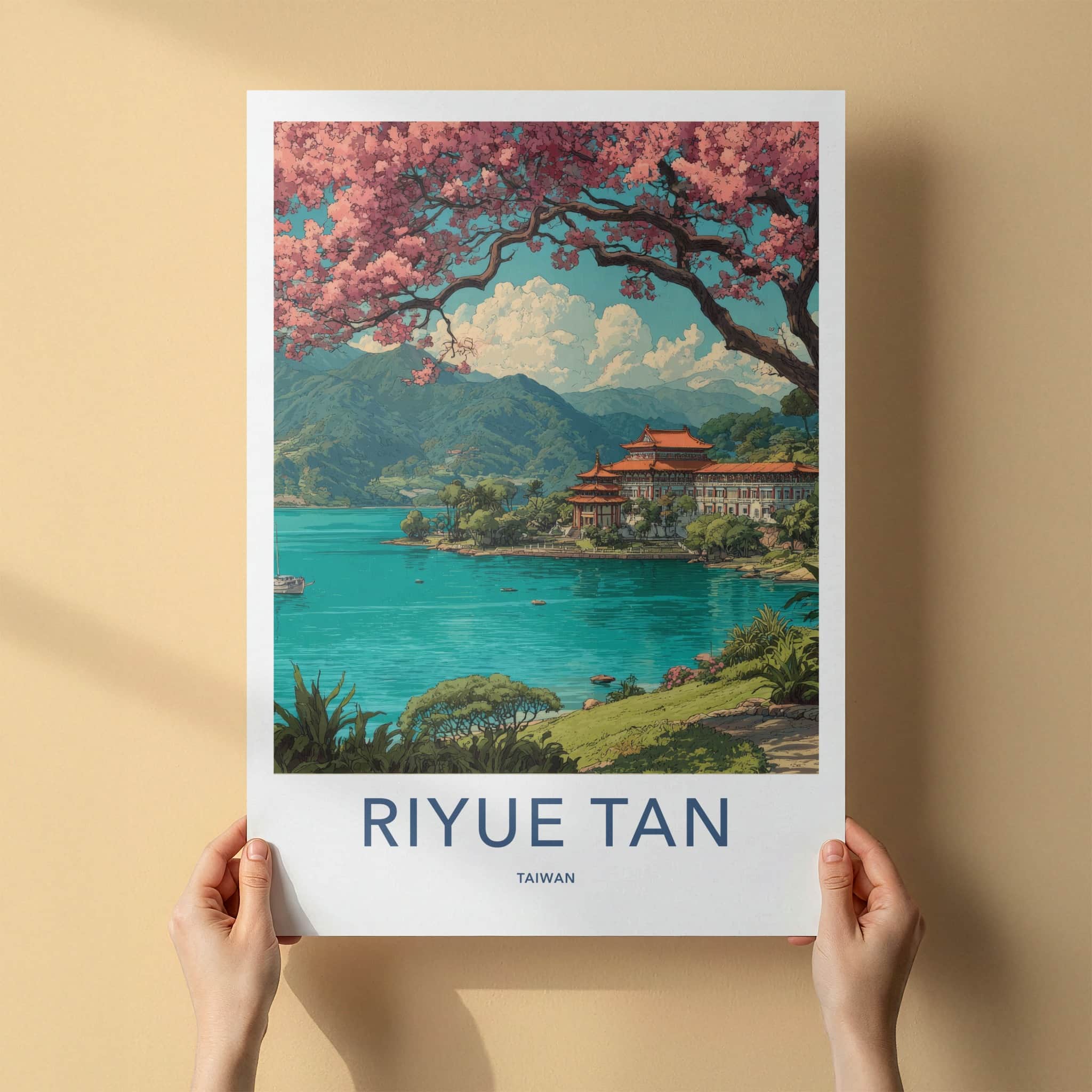 Riyue Tan Poster - Taiwan Framed Art - Cherry Blossom Temple Gift