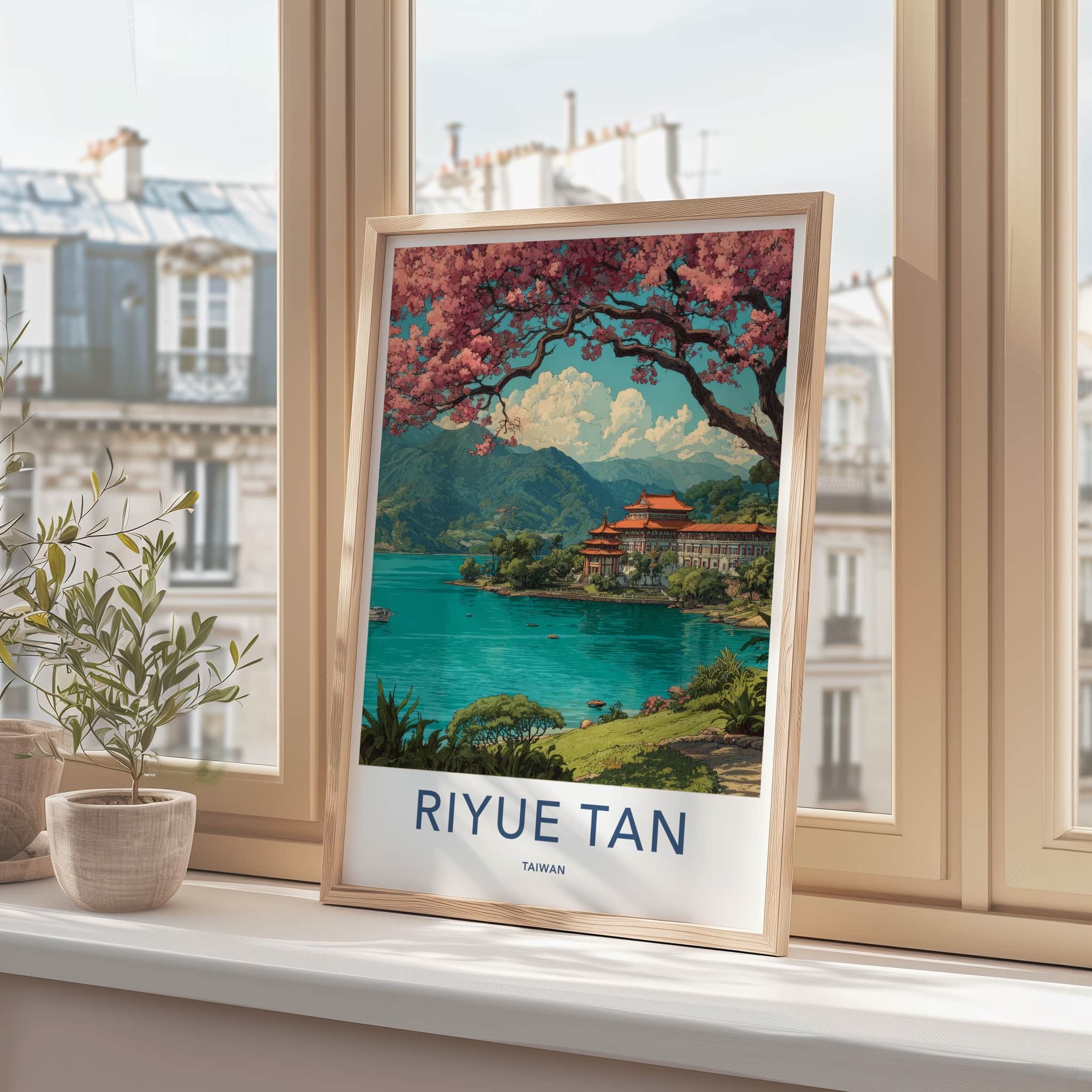Riyue Tan Poster - Taiwan Framed Art - Cherry Blossom Temple Gift