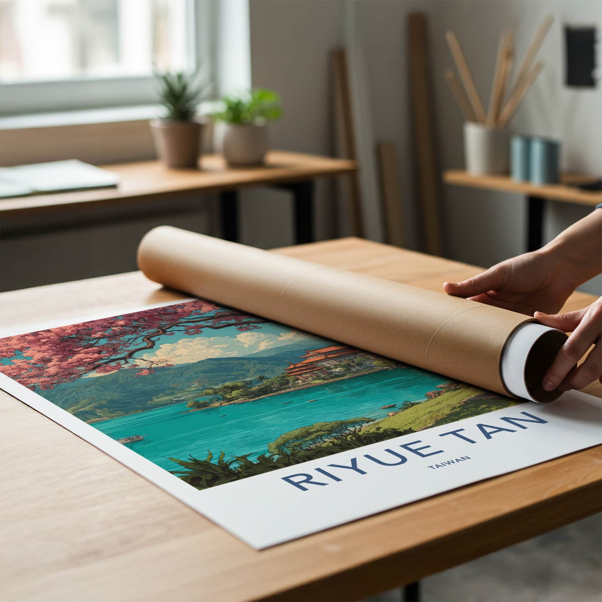 Riyue Tan Poster - Taiwan Framed Art - Cherry Blossom Temple Gift
