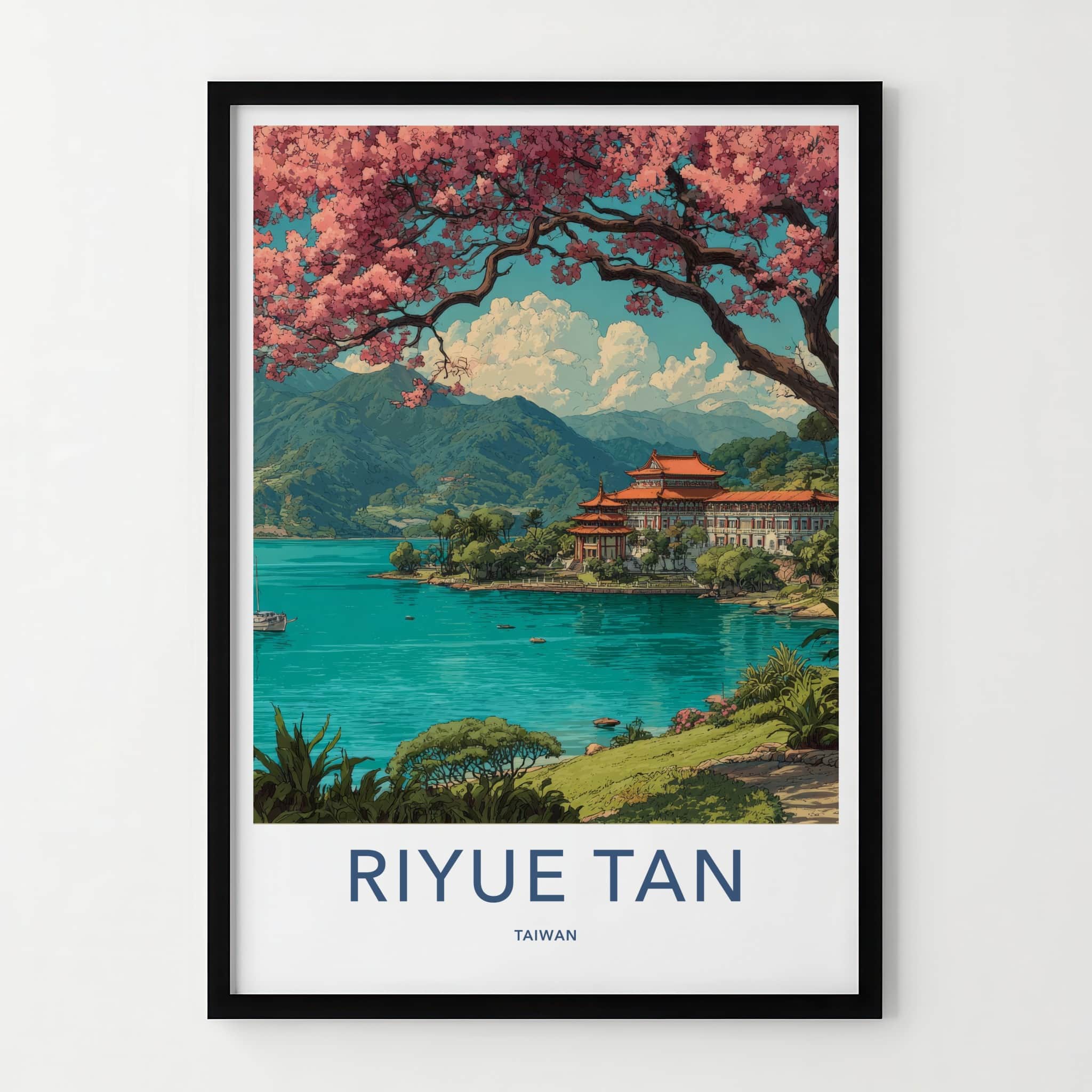 Riyue Tan Poster - Taiwan Framed Art - Cherry Blossom Temple Gift