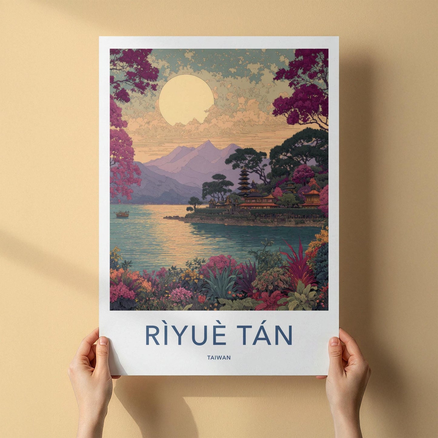 Riyue Tan Poster - Taiwan Travel Art - Island Temple Lake Wall Decor