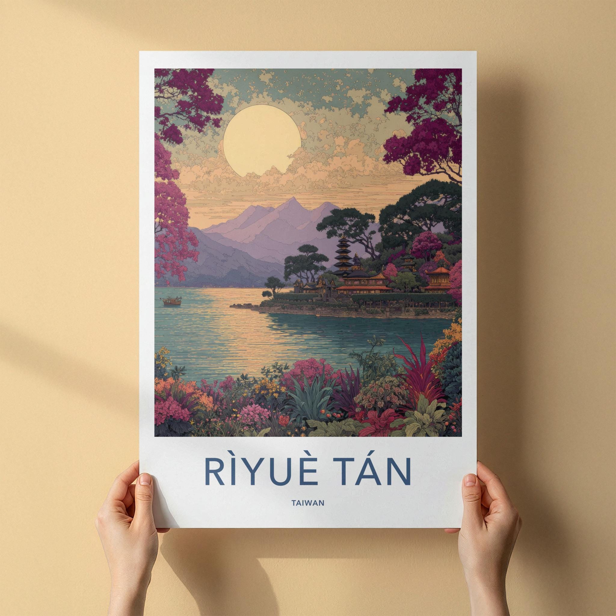 Riyue Tan Poster - Taiwan Travel Art - Island Temple Lake Wall Decor