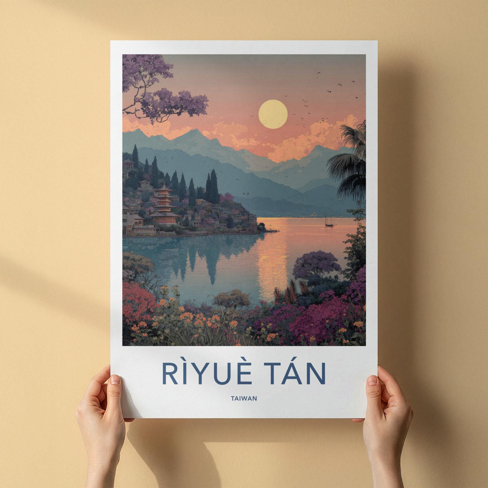 Riyue Tan Poster - Taiwan Travel Art - Vibrant Lakeside Pagoda Home Decor