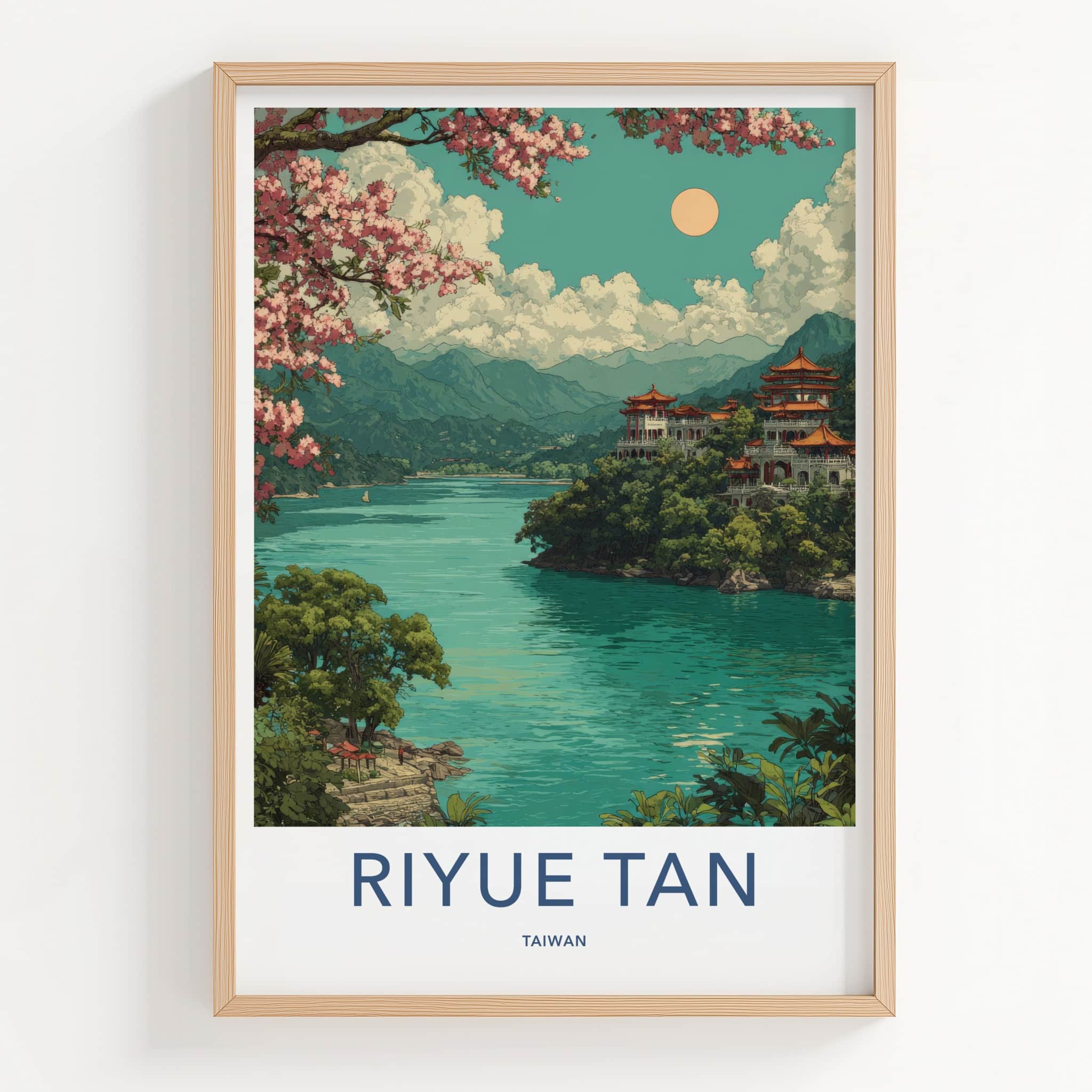 Riyue Tan Poster - Taiwan Travel Print - Lakeside Temple Pagodas Home Art