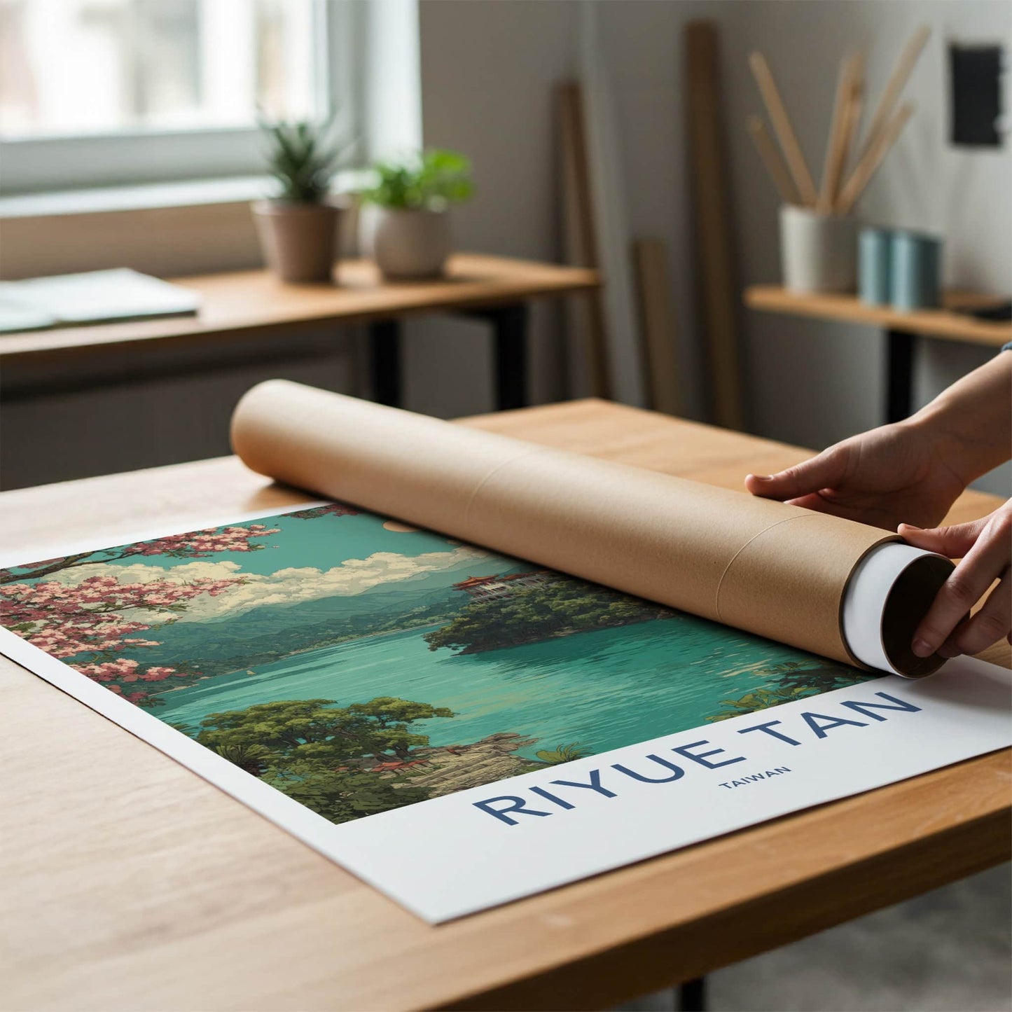 Riyue Tan Poster - Taiwan Travel Print - Lakeside Temple Pagodas Home Art
