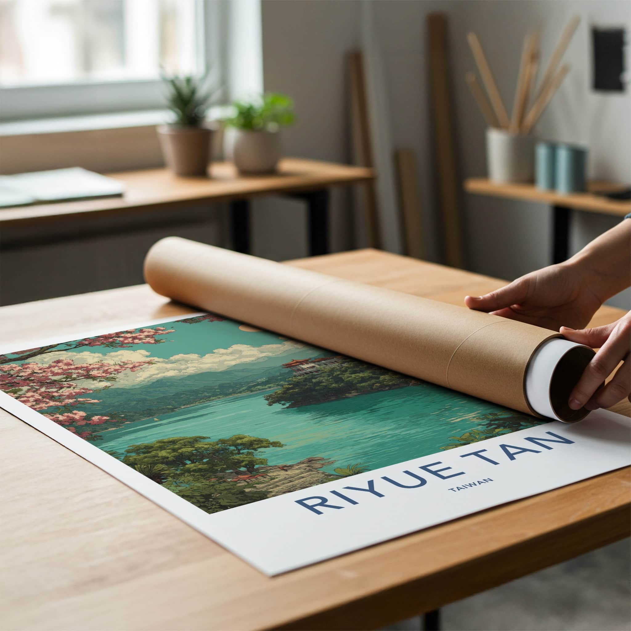 Riyue Tan Poster - Taiwan Travel Print - Lakeside Temple Pagodas Home Art