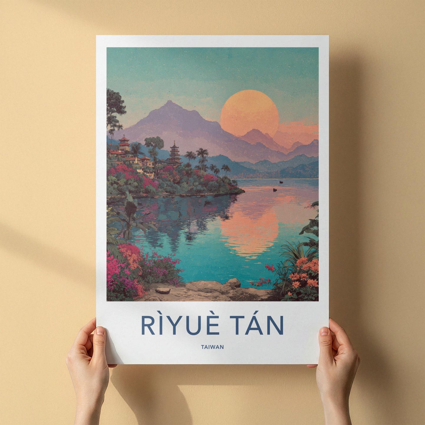 Riyue Tan Poster - Taiwan Wall Art - Pagoda Sunset Lake Home Decor