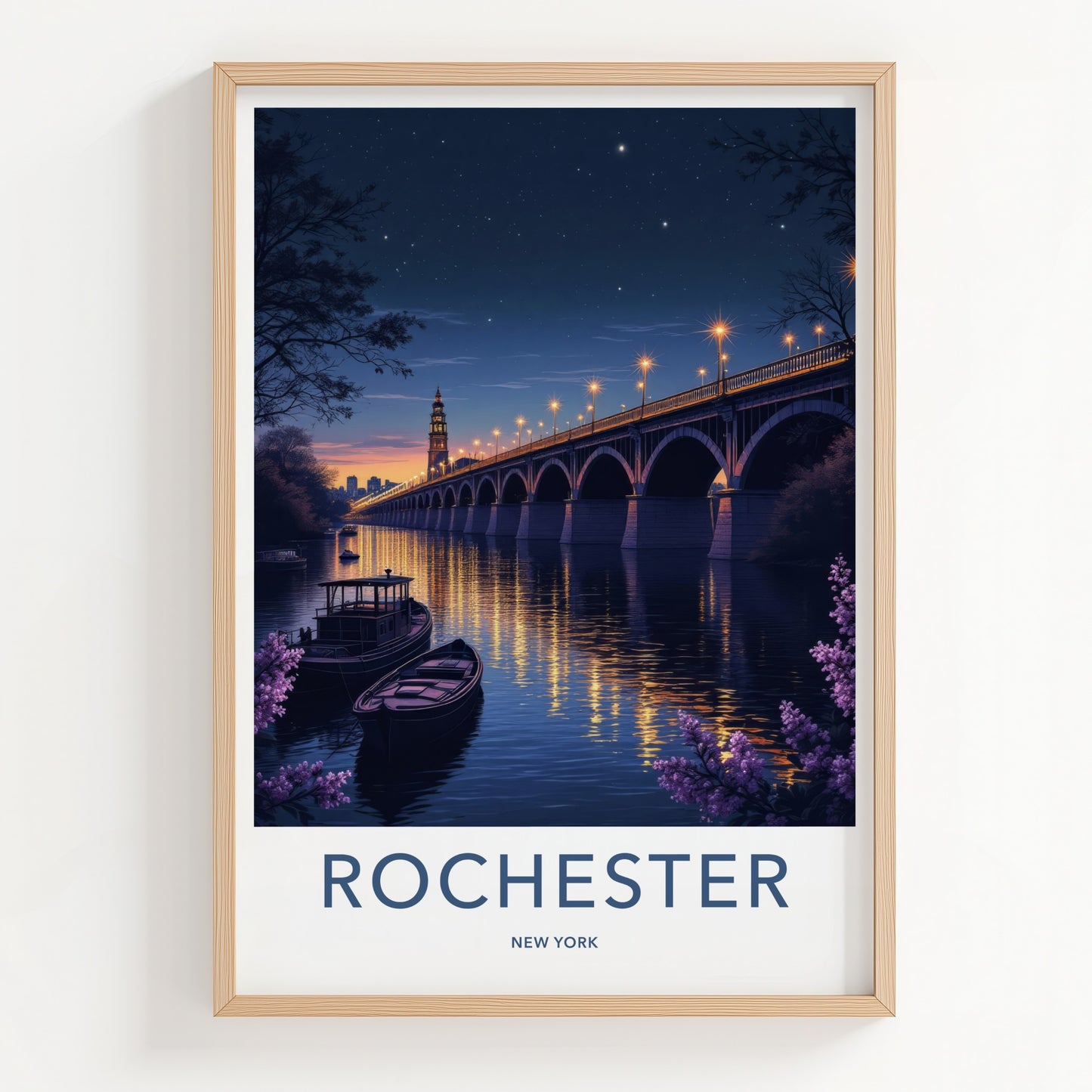 Rochester Poster - New York Art Print - Luminous Bridge Boats Wall Decor