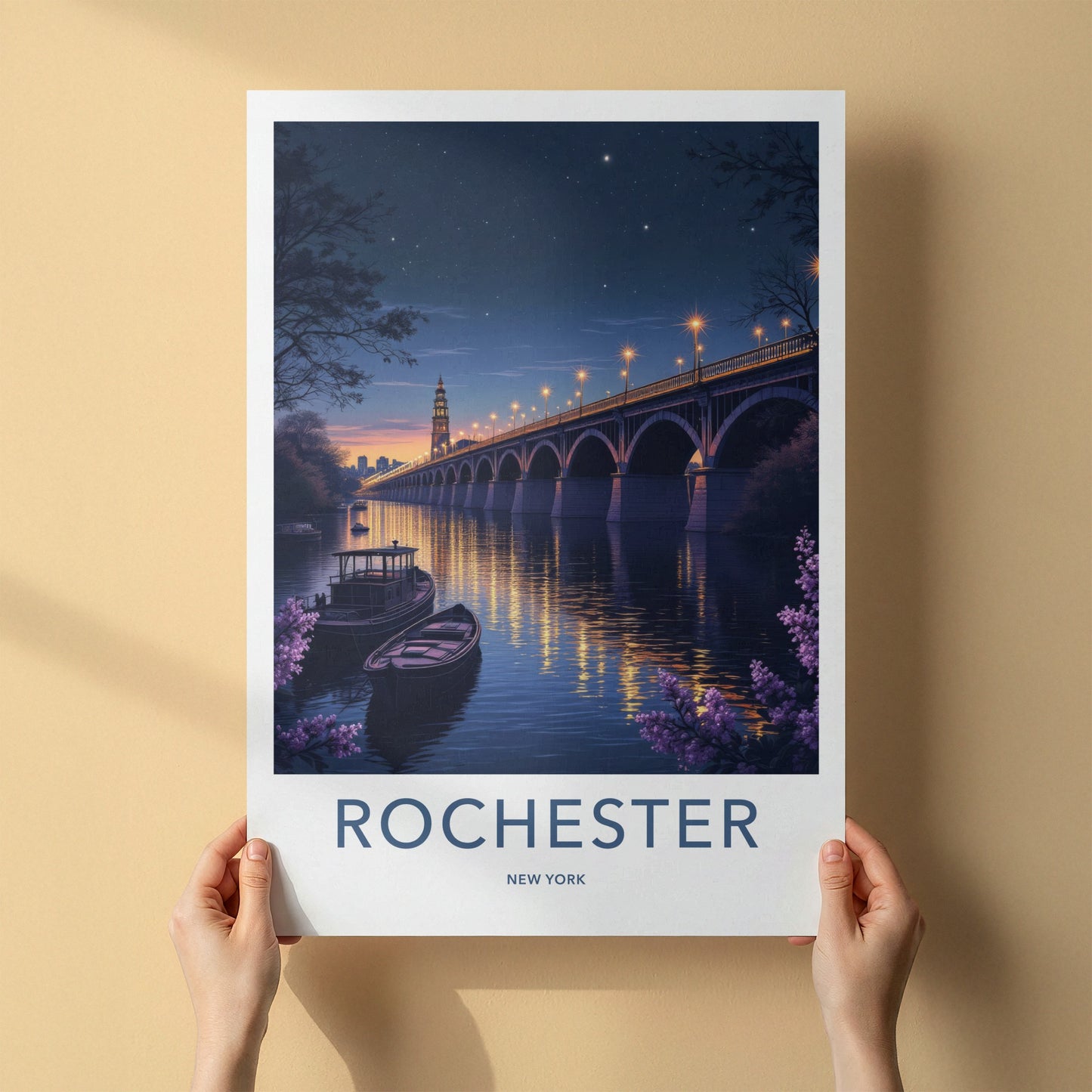 Rochester Poster - New York Art Print - Luminous Bridge Boats Wall Decor
