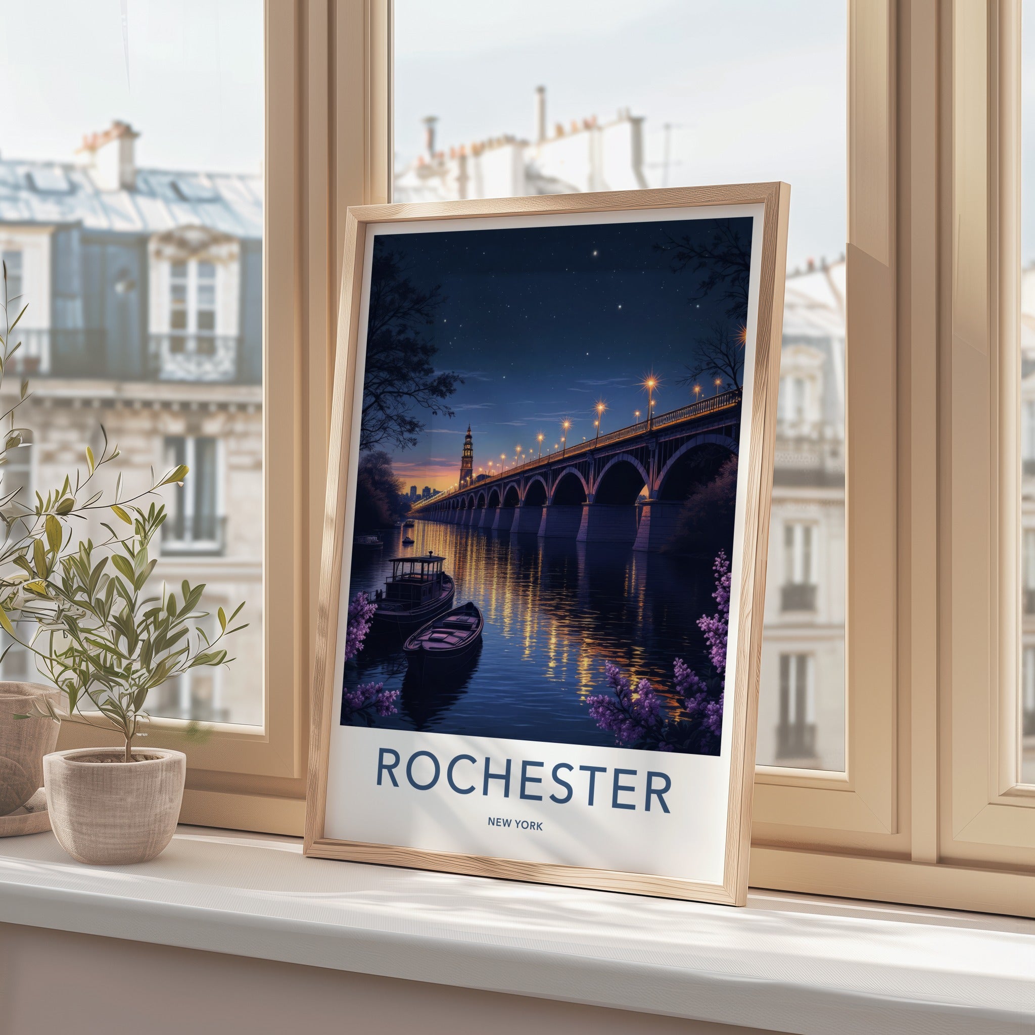 Rochester Poster - New York Art Print - Luminous Bridge Boats Wall Decor