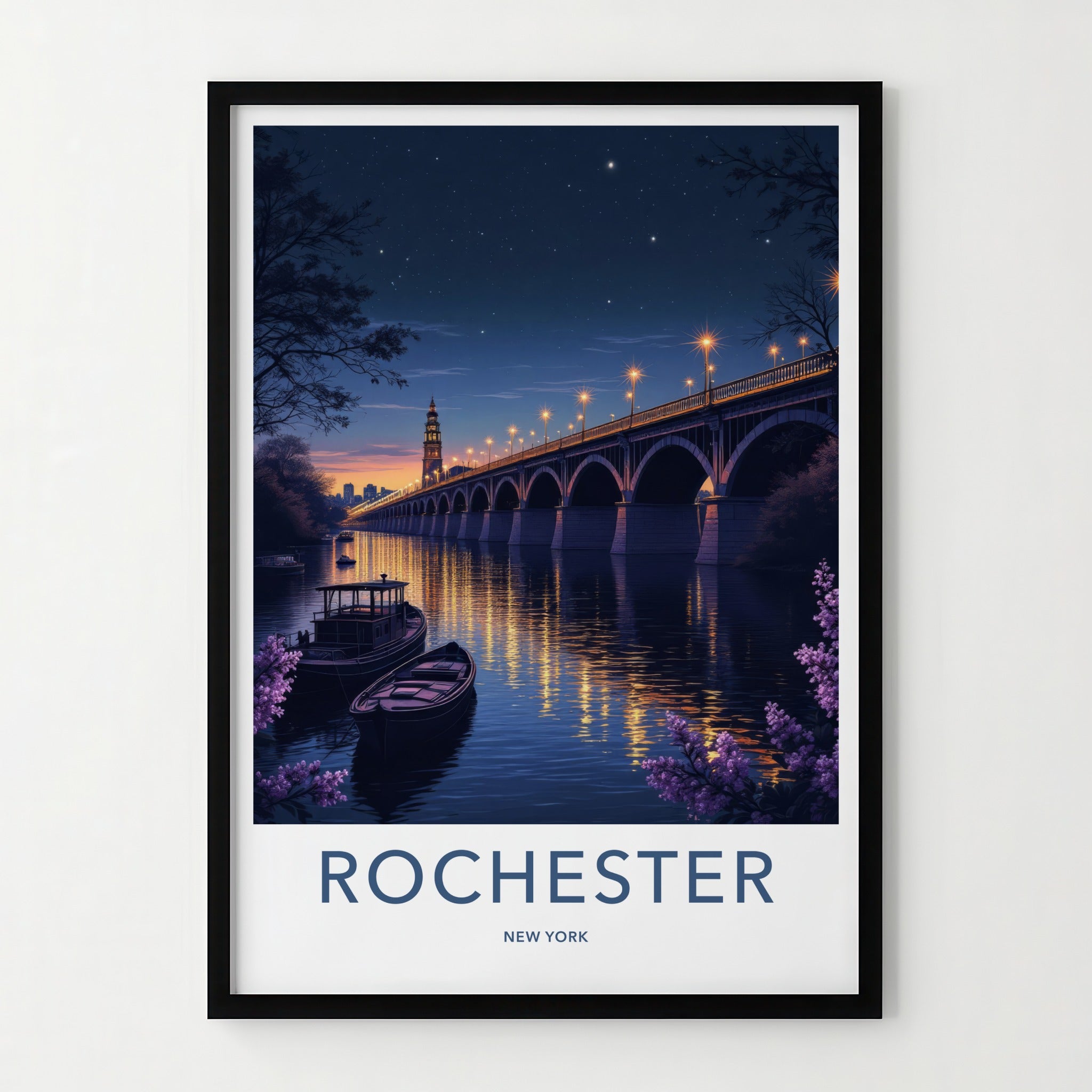 Rochester Poster - New York Art Print - Luminous Bridge Boats Wall Decor