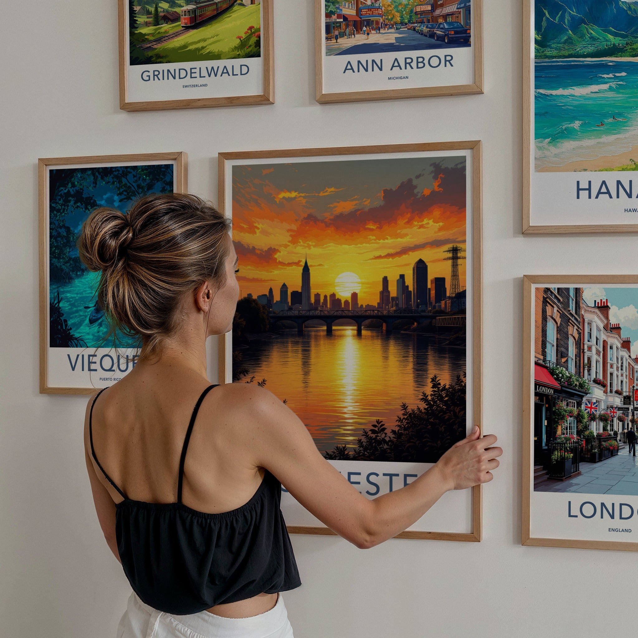 Rochester Poster - New York Travel Art - Golden River Sunset Home Decor