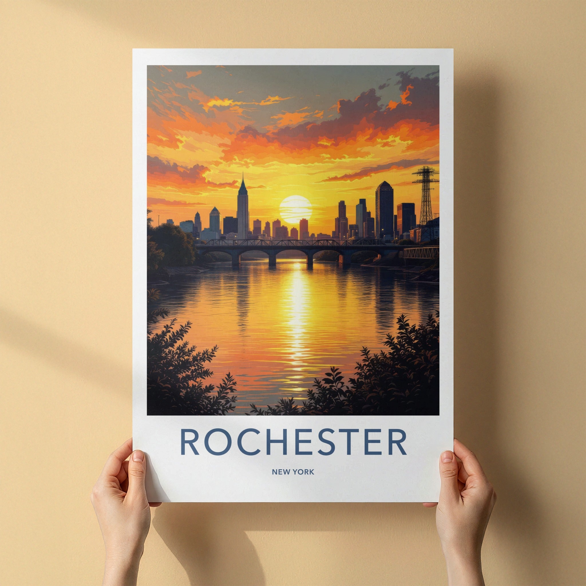 Rochester Poster - New York Travel Art - Golden River Sunset Home Decor